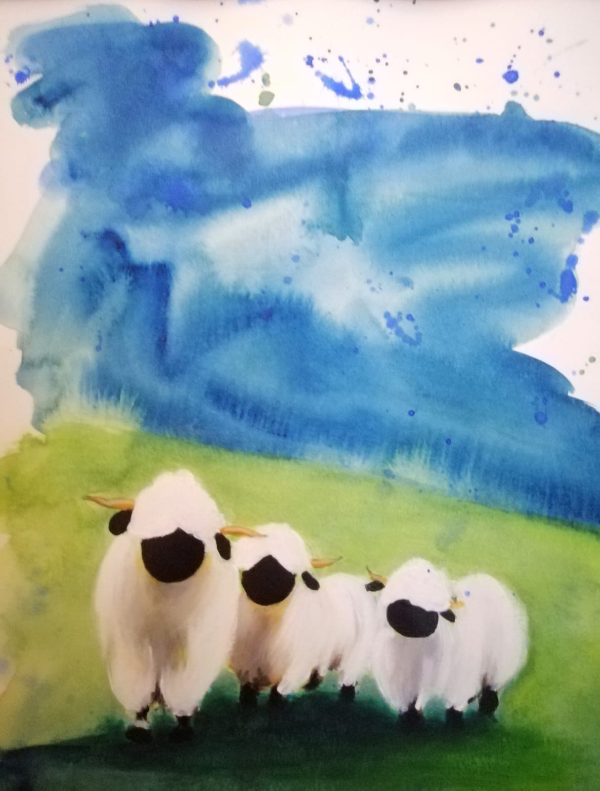 Détail de Après la pluie, moutons blancs et herbe verte. / Detail of 'Après la pluie', white sheep and green grass.