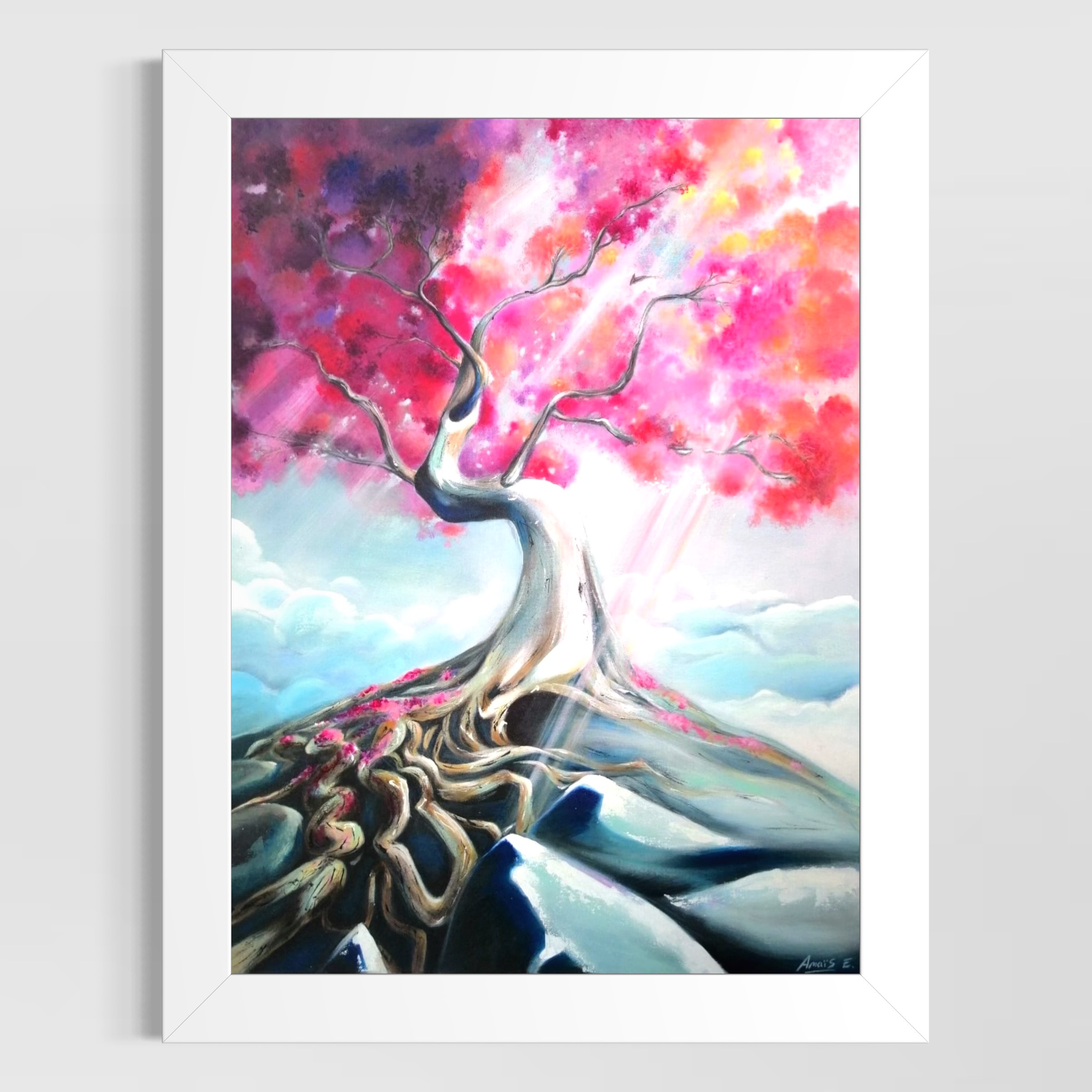 Peinture d’un arbre lumineux aux racines apparentes, œuvre d’Anaïs Eck, symbolisant la vie et la lumière. / Painting of a luminous tree with exposed roots by Anaïs Eck, symbolizing life and light.