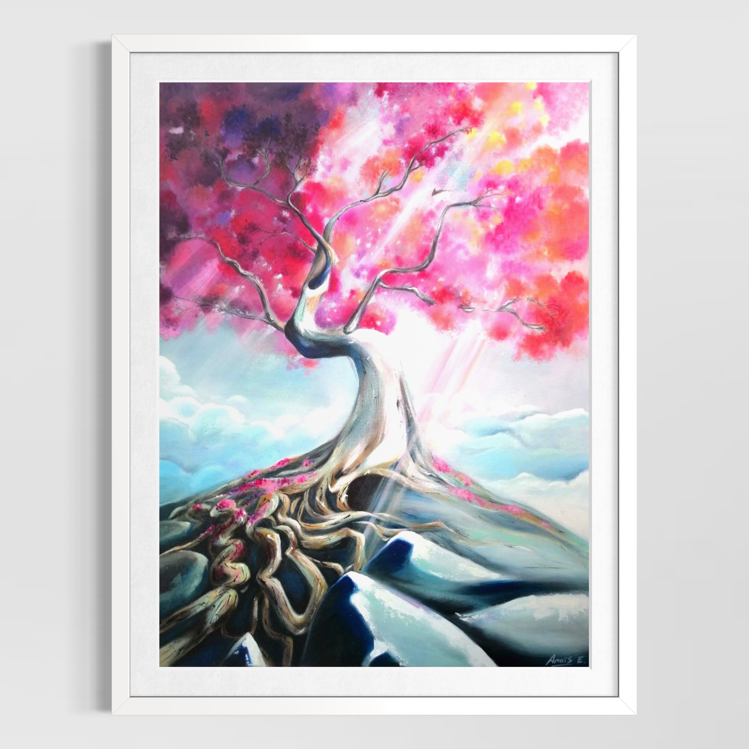 Peinture d’un arbre lumineux aux racines apparentes, œuvre d’Anaïs Eck, symbolisant la vie et la lumière. / Painting of a luminous tree with exposed roots by Anaïs Eck, symbolizing life and light.