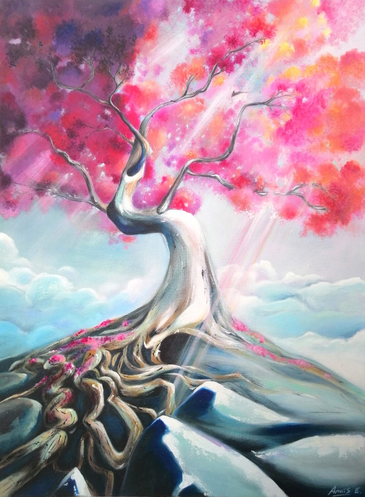 Détail de l’œuvre Au creux de mon arbre, racines et lumière sur fond de nuages. / Detail of 'Au creux de mon arbre' showing roots and light above clouds.