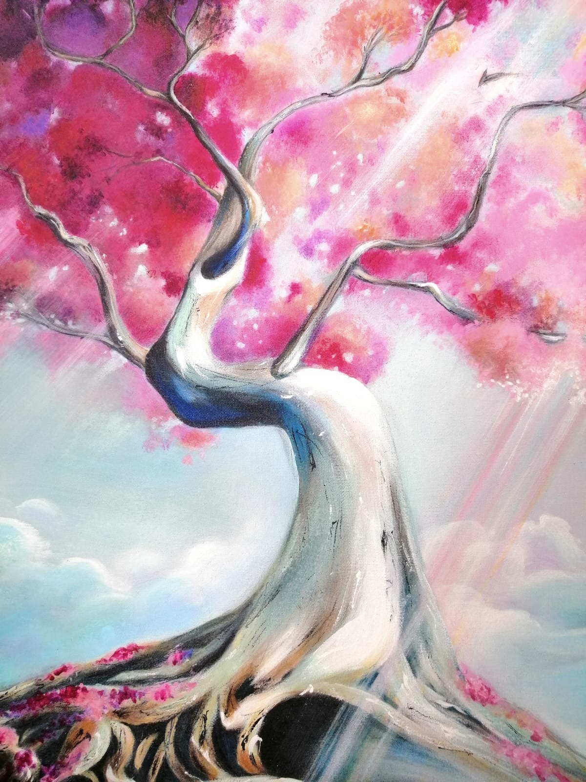 Gros plan sur les branches et les nuances roses de l’arbre peint par Anaïs Eck. / Close-up of branches and pink tones of the tree painted by Anaïs Eck.