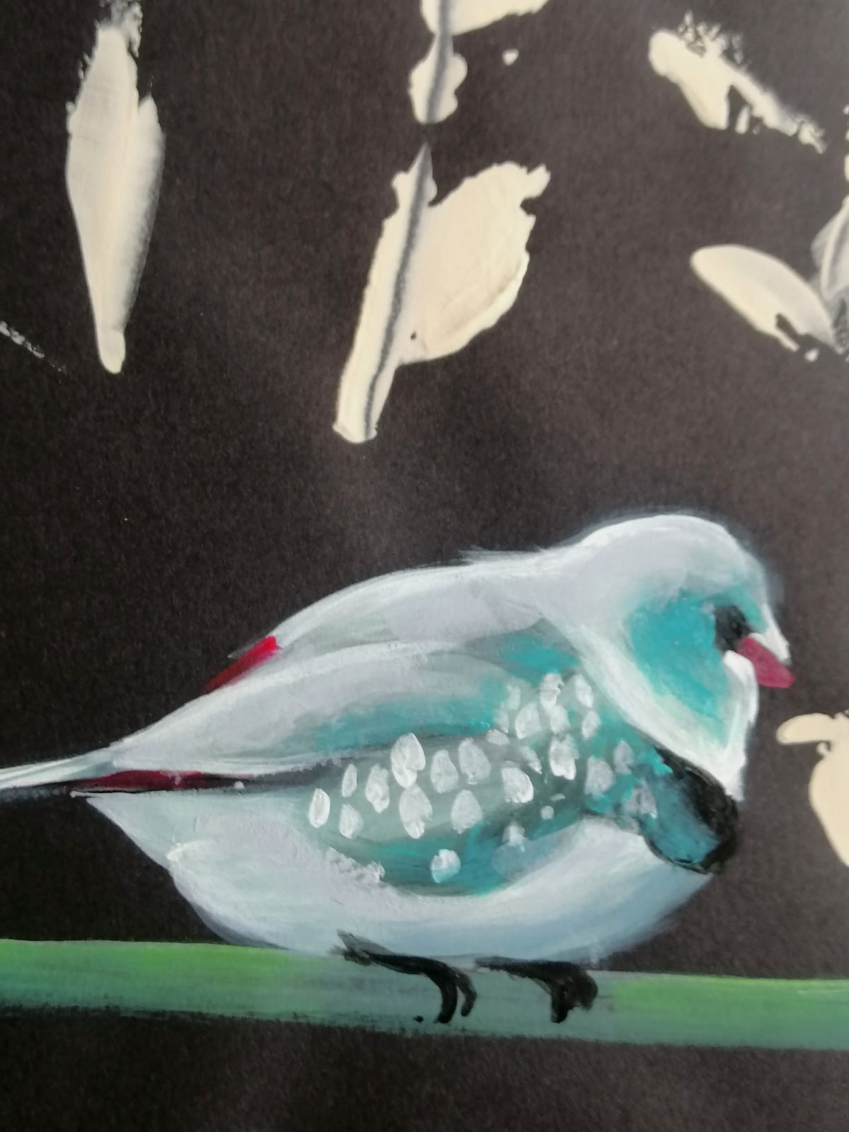 Détail d’un oiseau turquoise, acrylique sur papier — Anaïs Eck