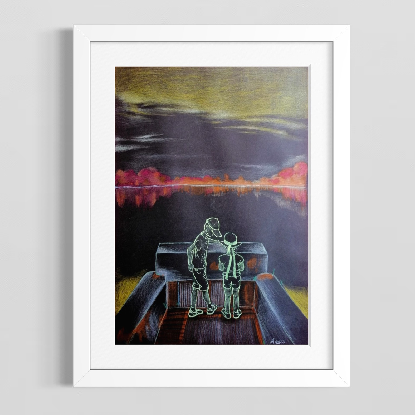 Deux enfants dessinés au trait lumineux devant un paysage nocturne coloré, par Anaïs Eck. / Two children traced in glowing lines before a colorful night landscape, by Anaïs Eck.