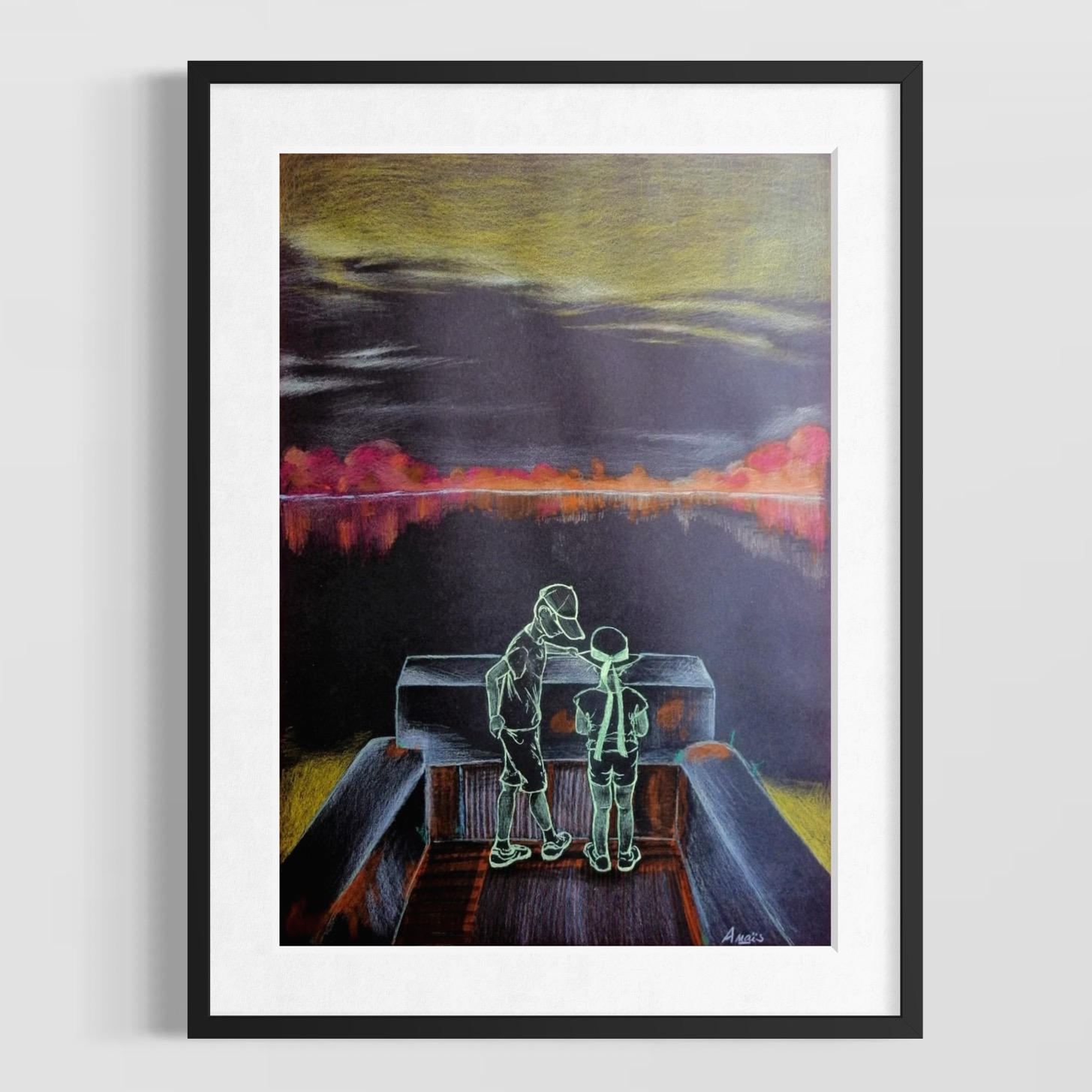 Deux enfants dessinés au trait lumineux devant un paysage nocturne coloré, par Anaïs Eck. / Two children traced in glowing lines before a colorful night landscape, by Anaïs Eck.