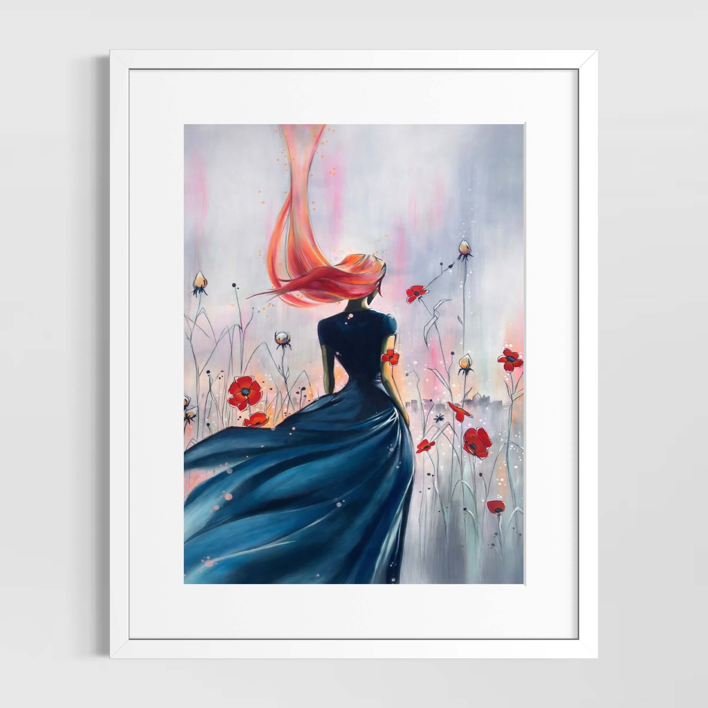 fleur coquelicot et femme cheveux aux vent de dos, œuvre poétique d’Anaïs Eck. / Poppy flower and a woman seen from behind, her hair blowing in the wind, poetic work by Anaïs Eck.