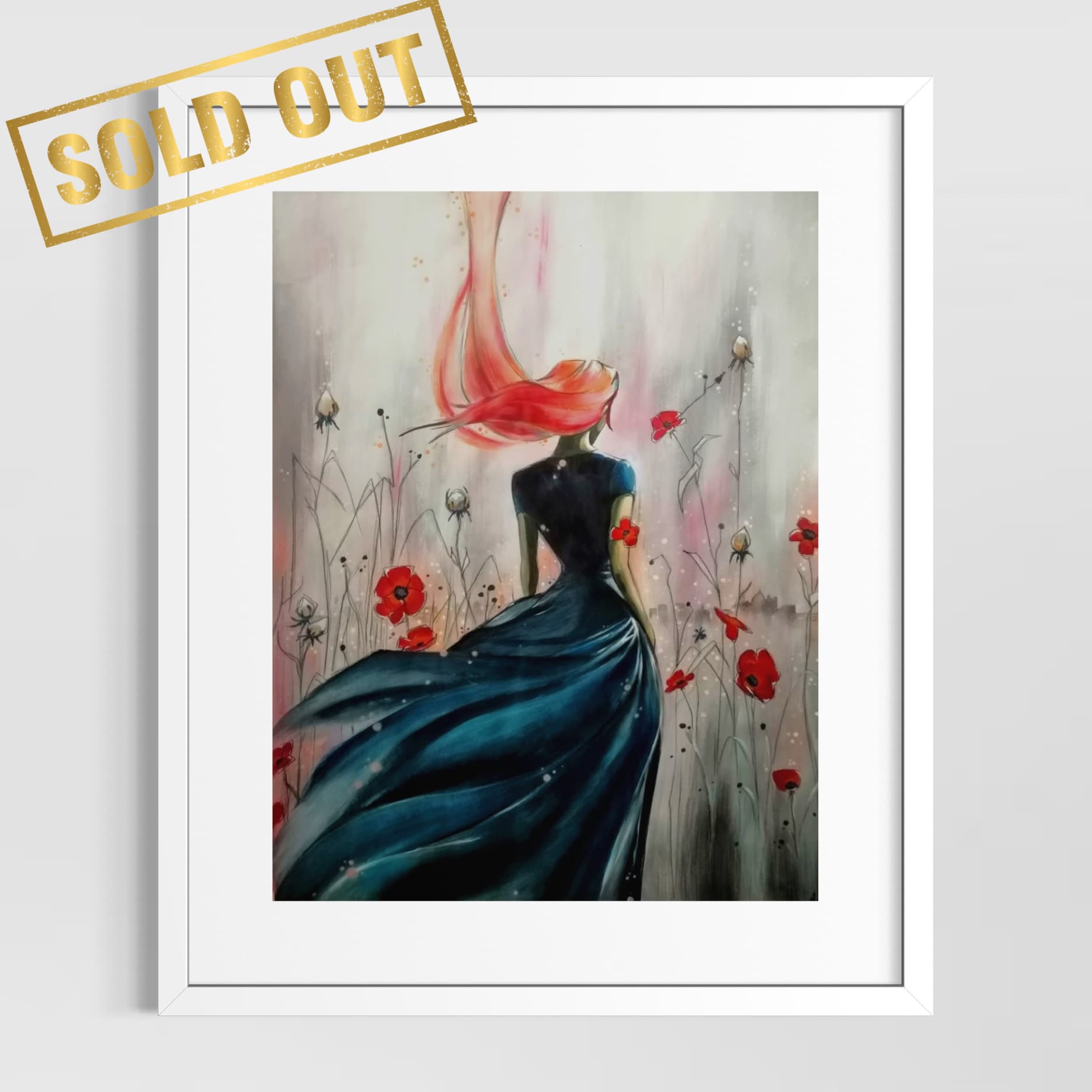 fleur coquelicot et femme cheveux aux vent de dos, œuvre poétique d’Anaïs Eck. / Poppy flower and a woman seen from behind, her hair blowing in the wind, poetic work by Anaïs Eck.