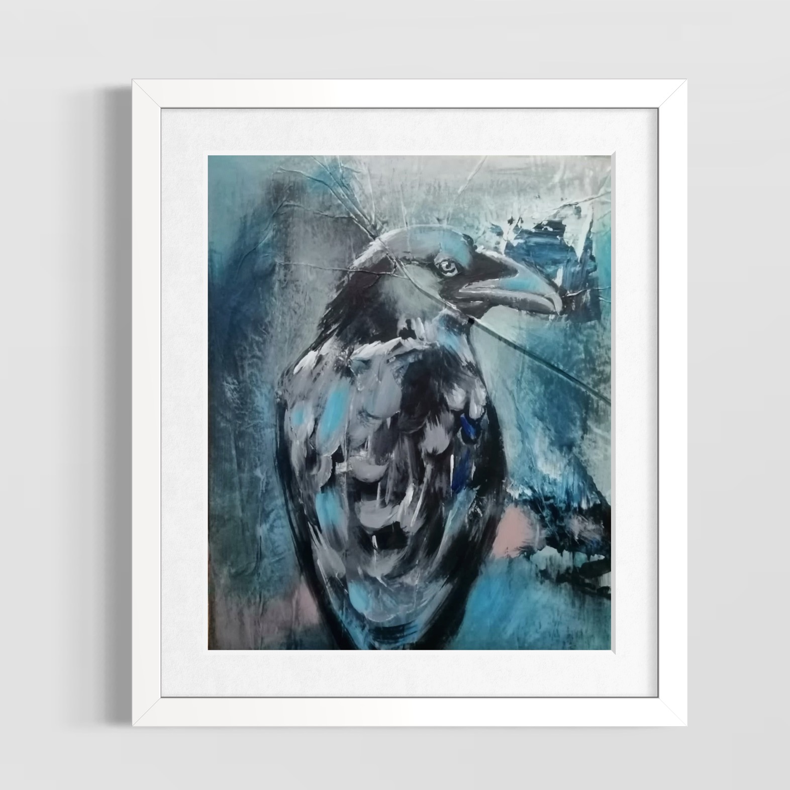 Corbeau abstrait dans des bleus profonds / Abstract crow in deep blue tones