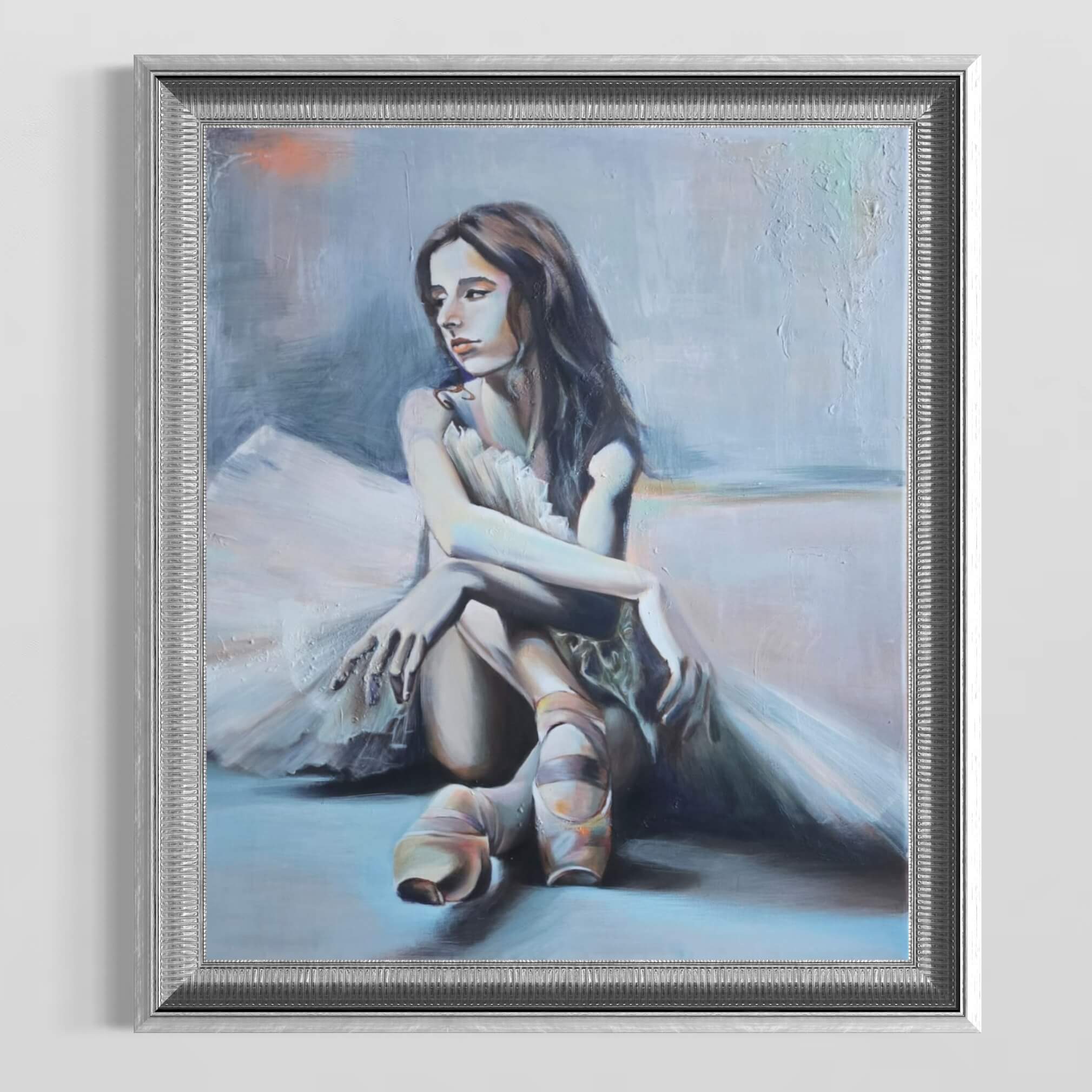 Peinture d’une danseuse assise, œuvre d’Anaïs Eck, symbolisant la vie et la lumière. / Painting of a woman dancer by Anaïs Eck, symbolizing life and light.