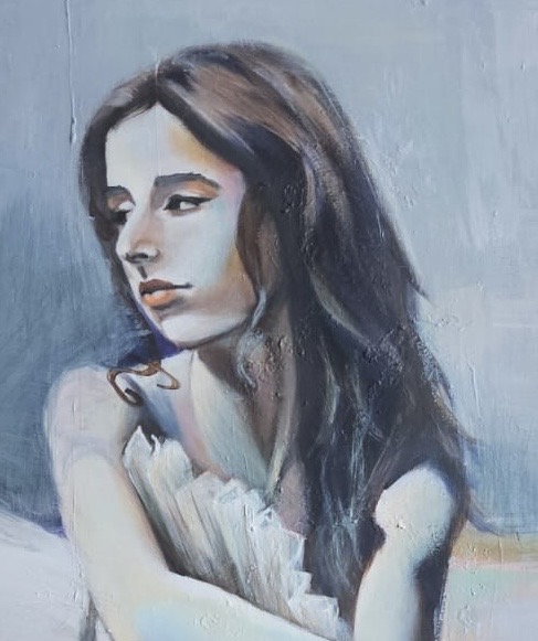 Détail d’une danseuse assise, œuvre d’Anaïs Eck, symbolisant la vie et la lumière. / detail of Painting of a woman dancer by Anaïs Eck, symbolizing life and light