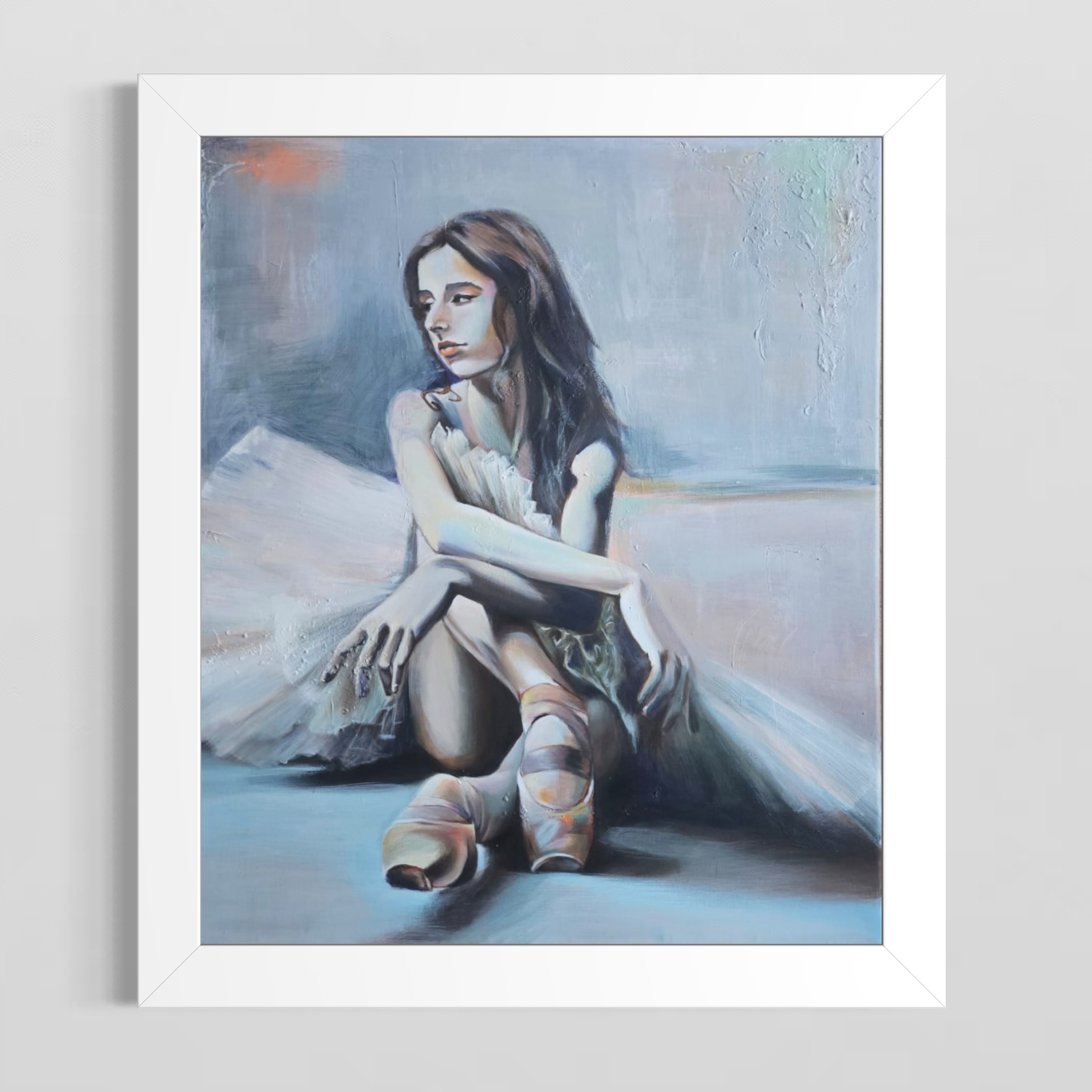 Peinture d’une danseuse assise, œuvre d’Anaïs Eck, symbolisant la vie et la lumière. / Painting of a woman dancer by Anaïs Eck, symbolizing life and light.