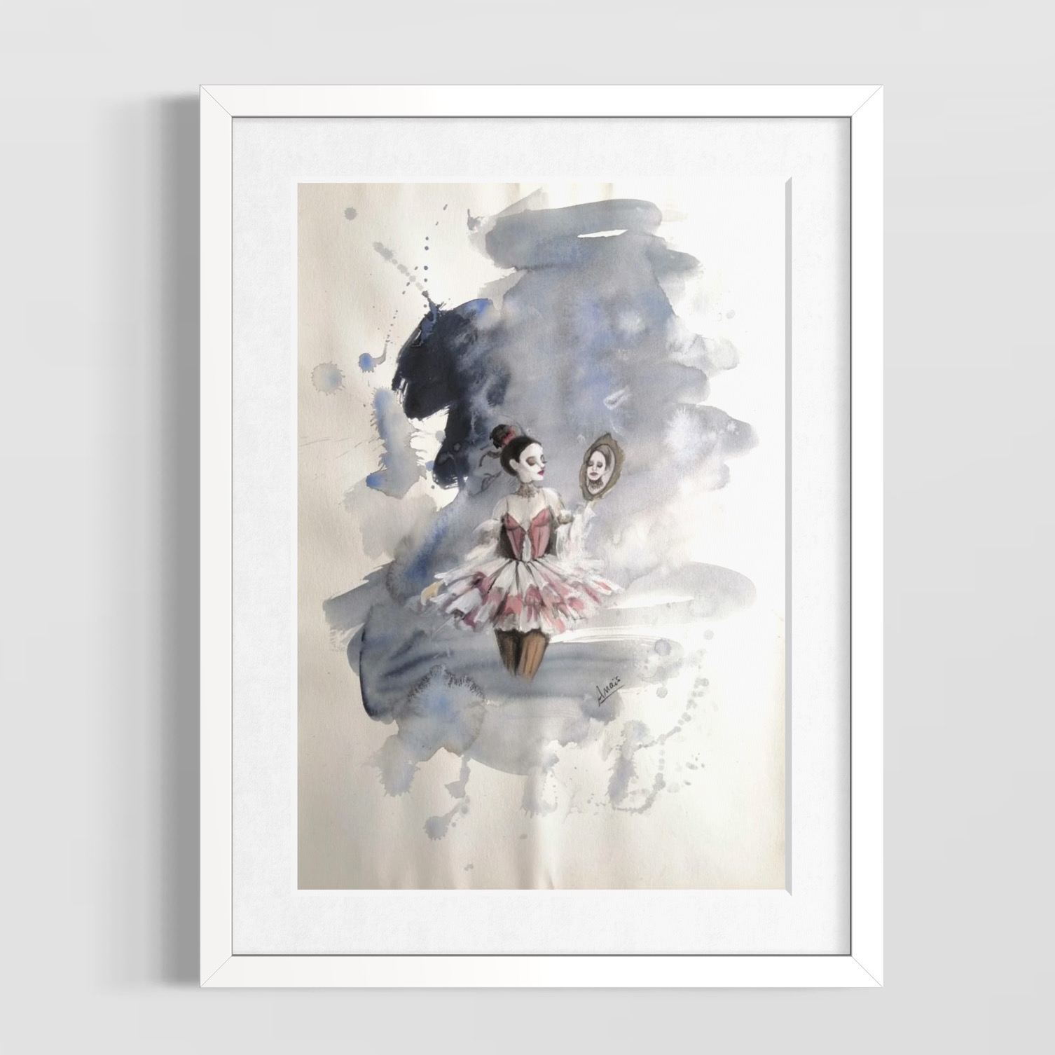 Aquarelle d’une danseuse en tutu face à son reflet, œuvre poétique d’Anaïs Eck. / Watercolor of a ballerina facing her reflection, poetic work by Anaïs Eck.