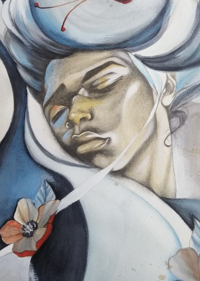 Détail du visage et de la coiffe de Sweet Dream / Close-up of the face and headdress from Sweet Dream