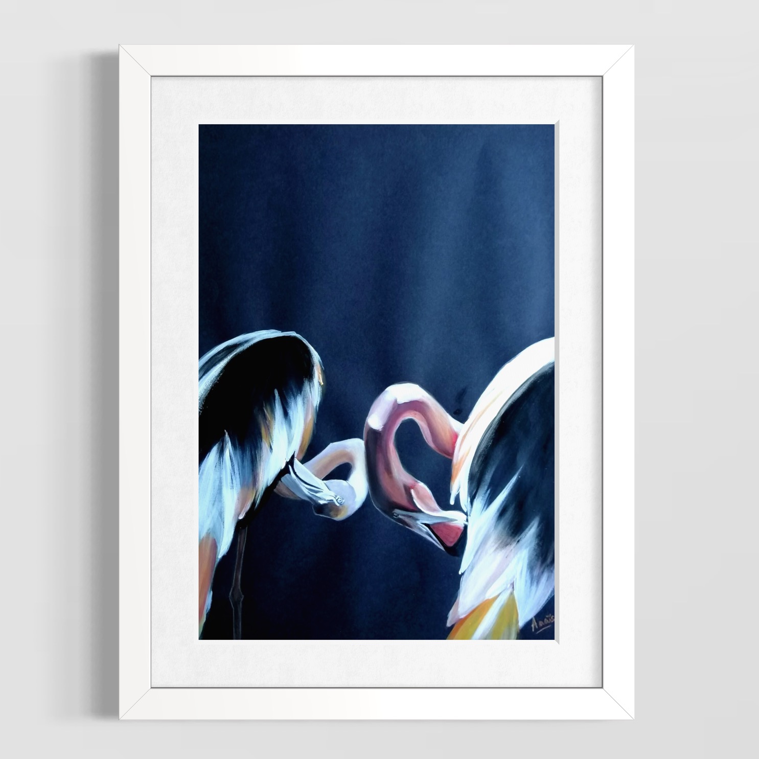Deux flamants roses se faisant face sur fond bleu nuit / Two flamingos facing each other against a deep blue background painting by Anaïs Eck.