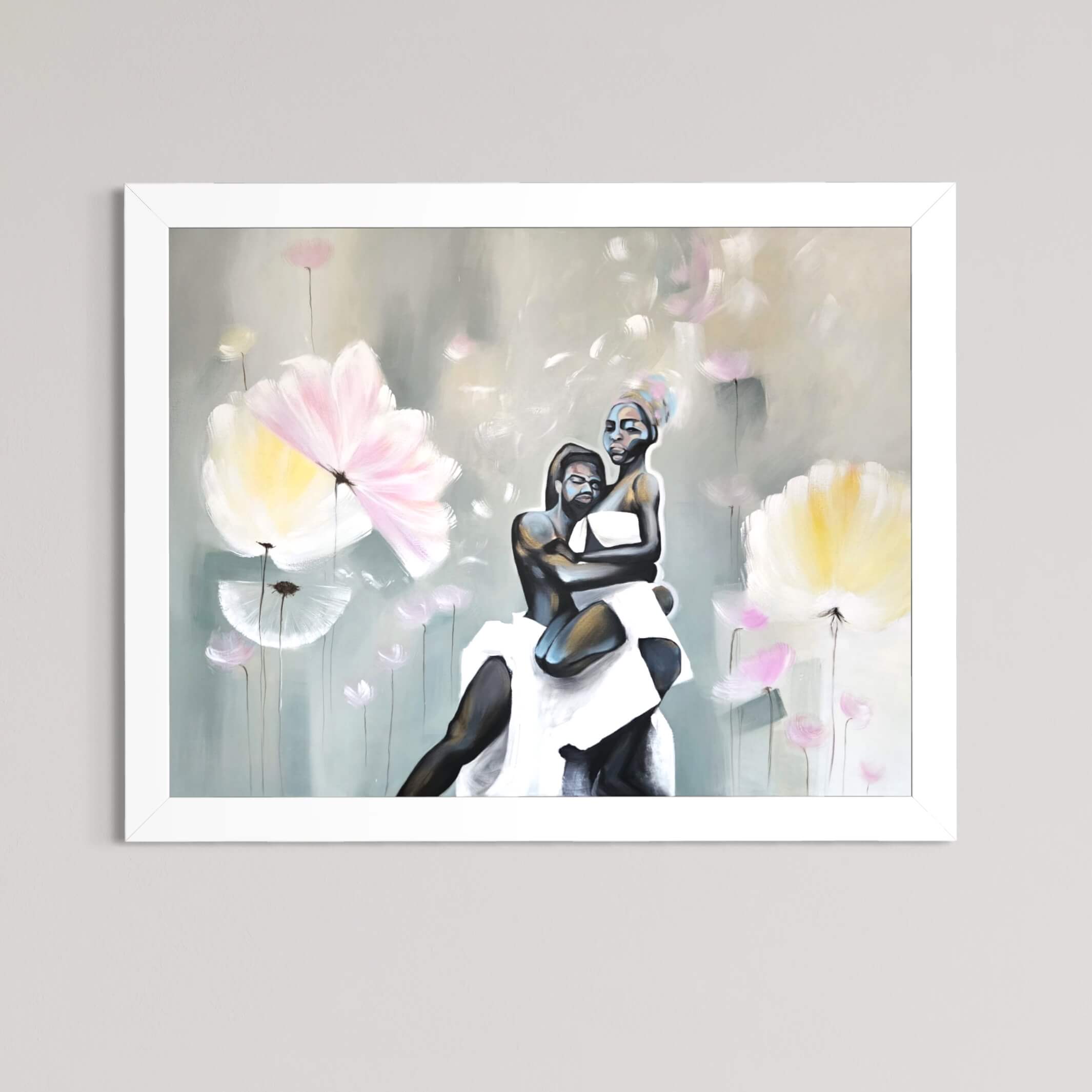 Couple racisé, et paysage onirique en acrylique sur toile./ Couple of color, dreamlike landscape, acrylic on canvas.