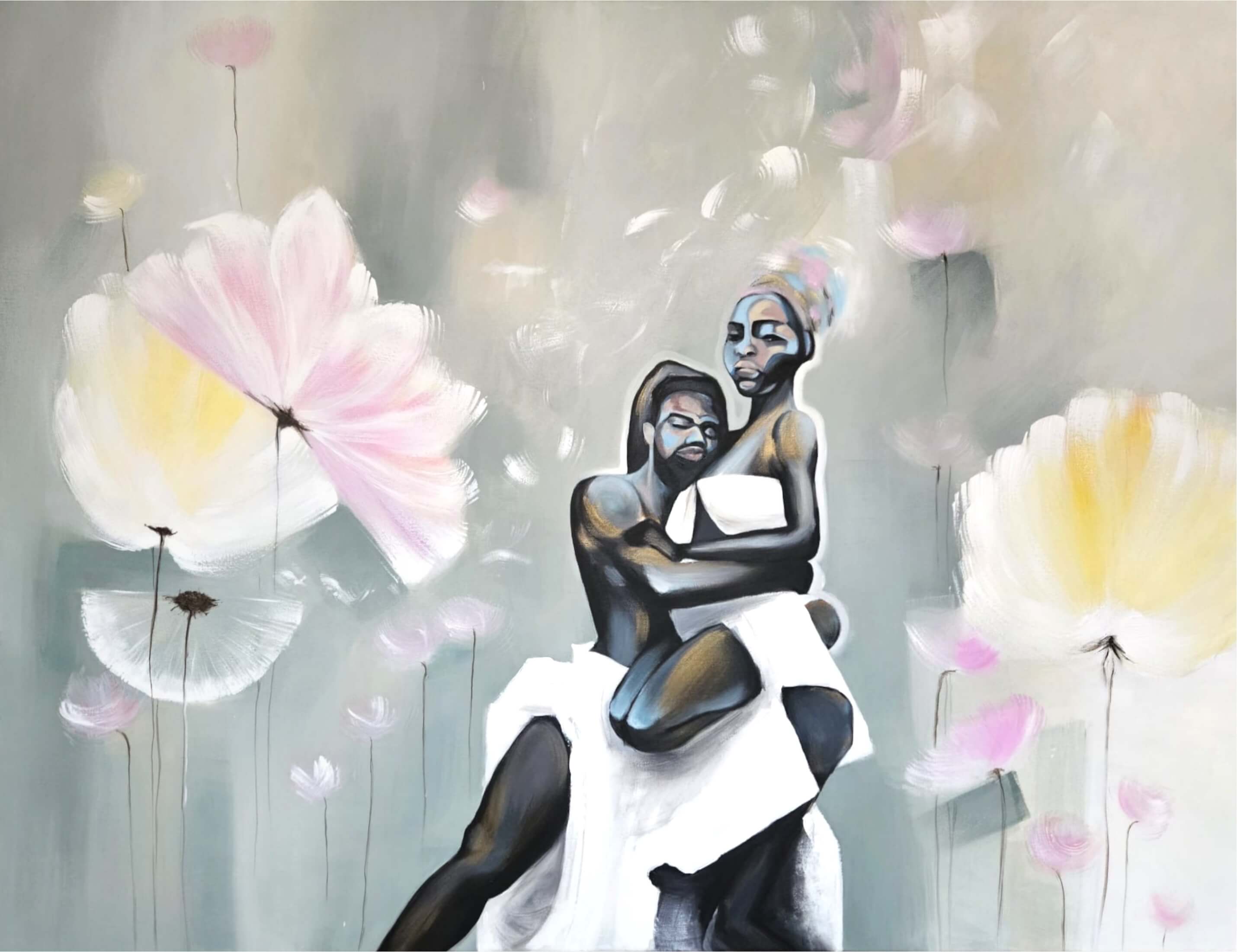 Couple enlacé dans un paysage floral onirique, peinture acrylique sur toile signée Anaïs Eck / Embracing couple in a dreamlike floral landscape, acrylic painting on canvas by Anaïs Eck.