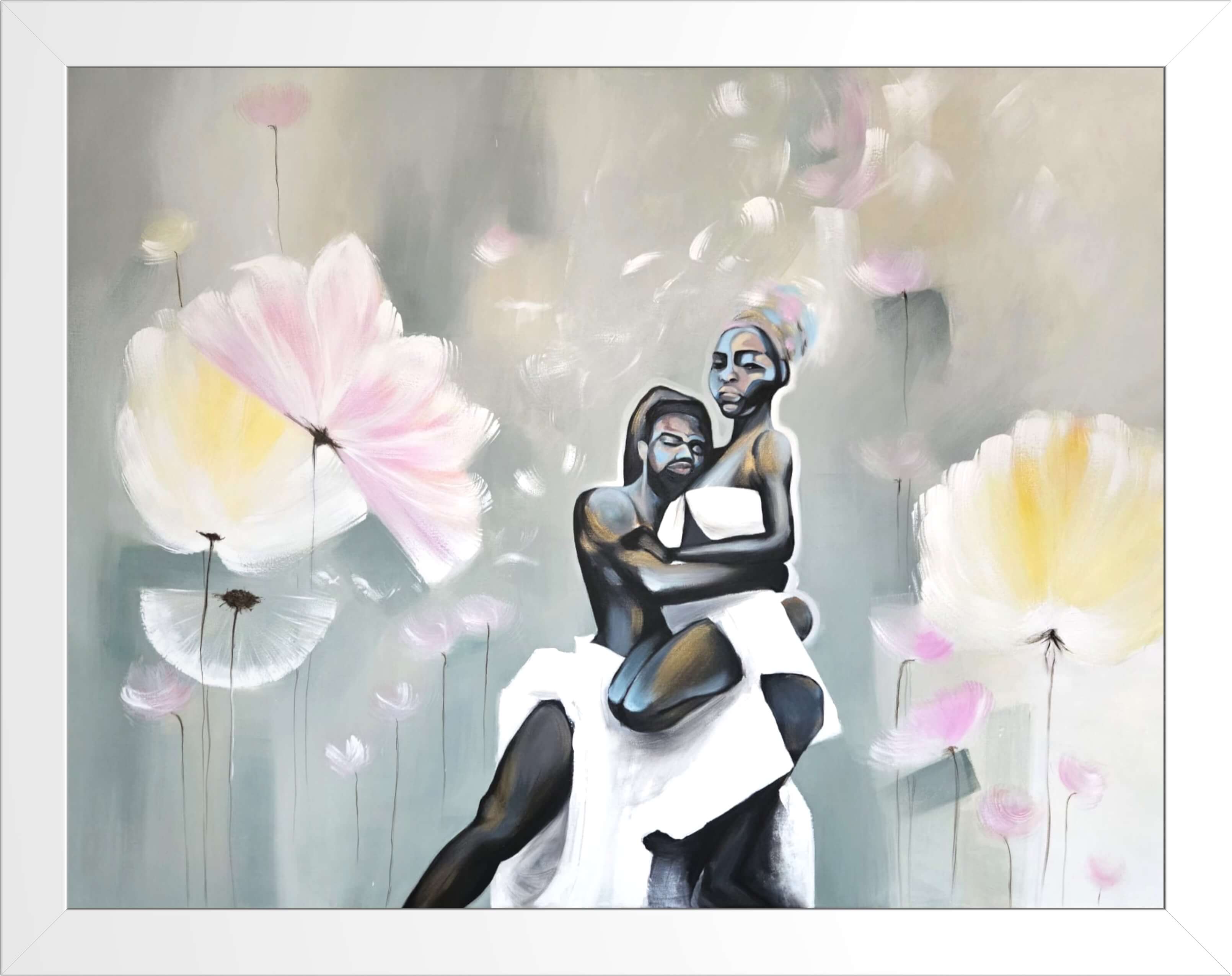 Couple enlacé dans un paysage floral onirique, peinture acrylique sur toile signée Anaïs Eck / Embracing couple in a dreamlike floral landscape, acrylic painting on canvas by Anaïs Eck.