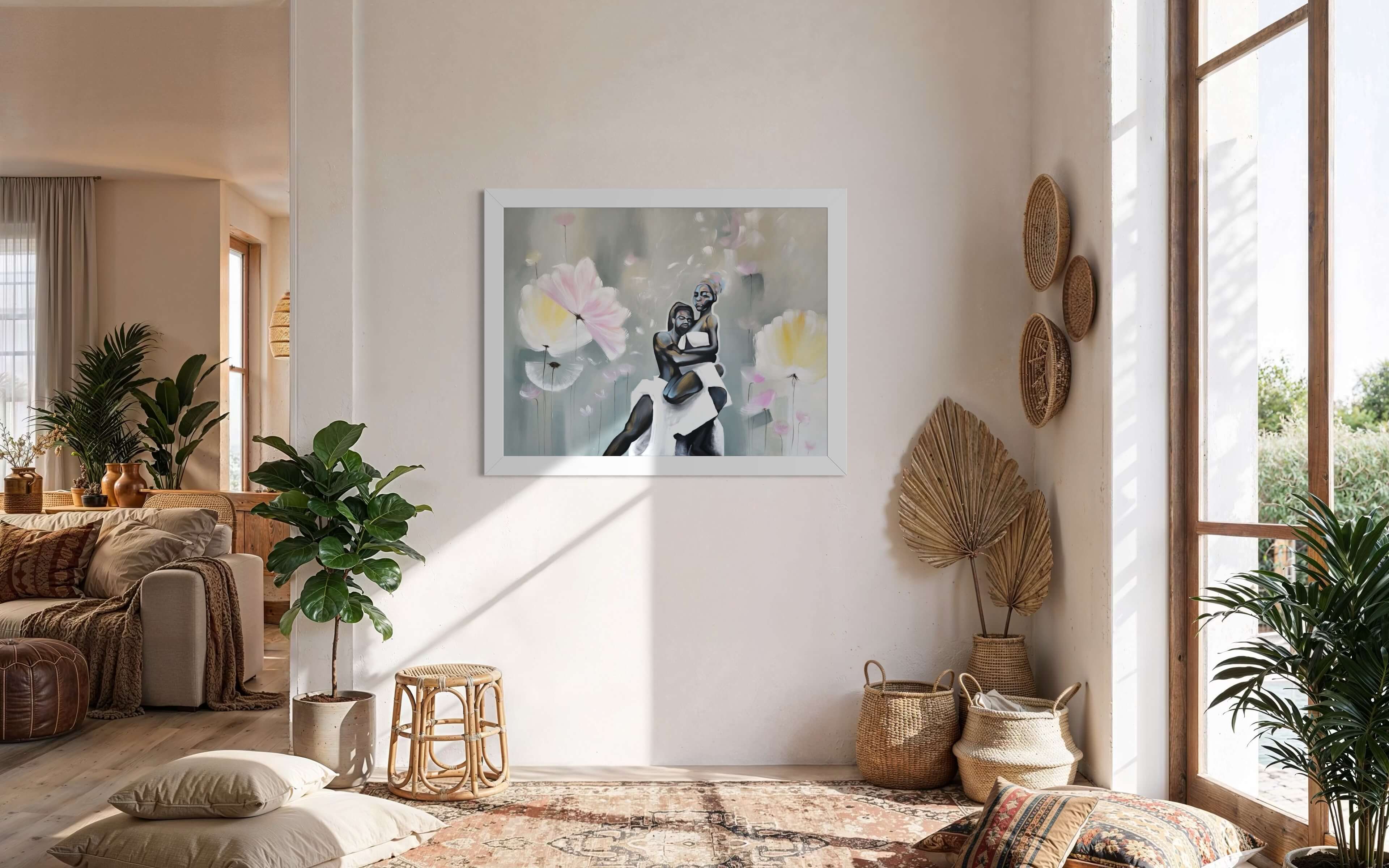 Couple enlacé dans un paysage floral onirique, peinture acrylique sur toile signée Anaïs Eck / Embracing couple in a dreamlike floral landscape, acrylic painting on canvas by Anaïs Eck.