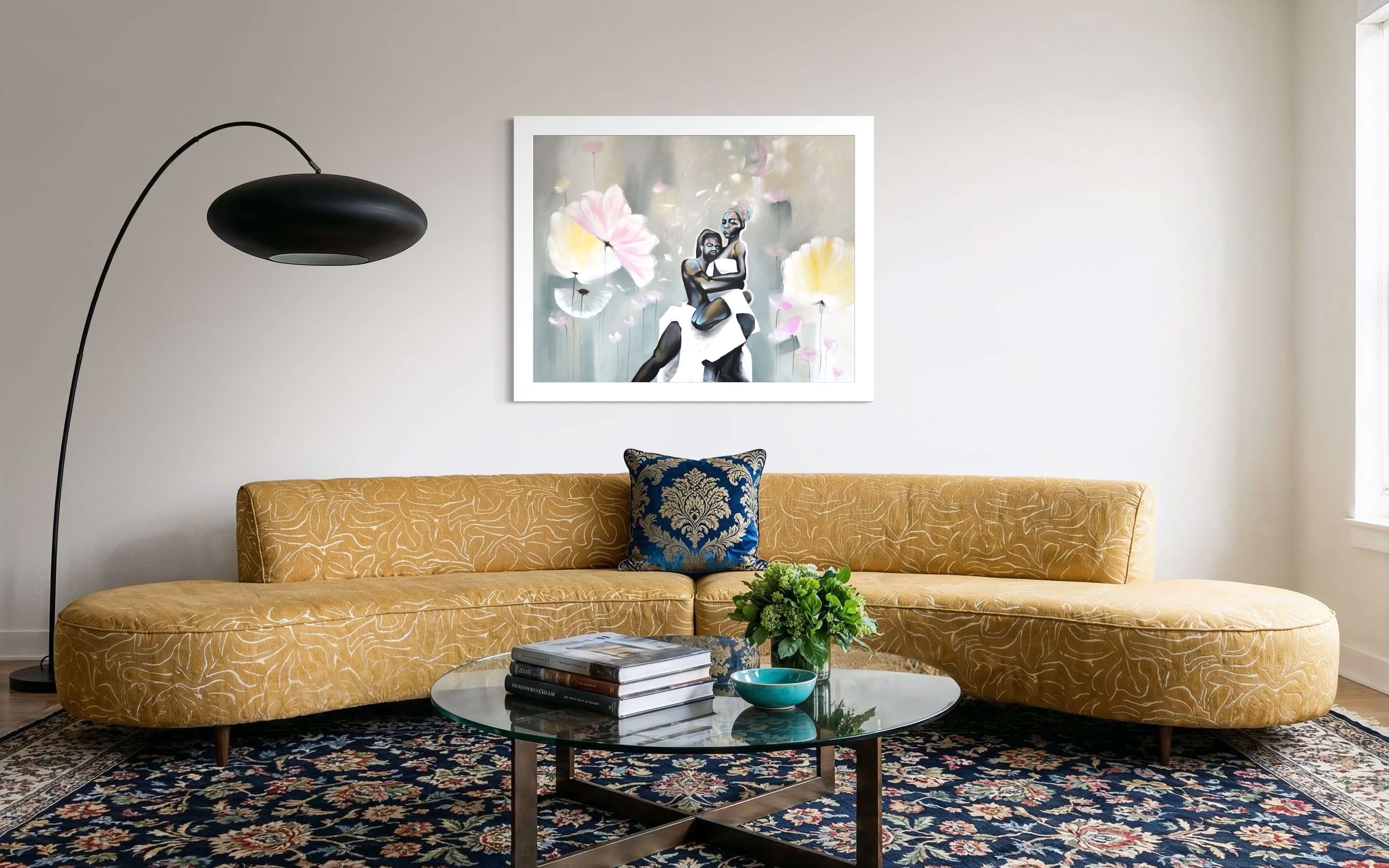 Couple enlacé dans un paysage floral onirique, peinture acrylique sur toile signée Anaïs Eck / Embracing couple in a dreamlike floral landscape, acrylic painting on canvas by Anaïs Eck.