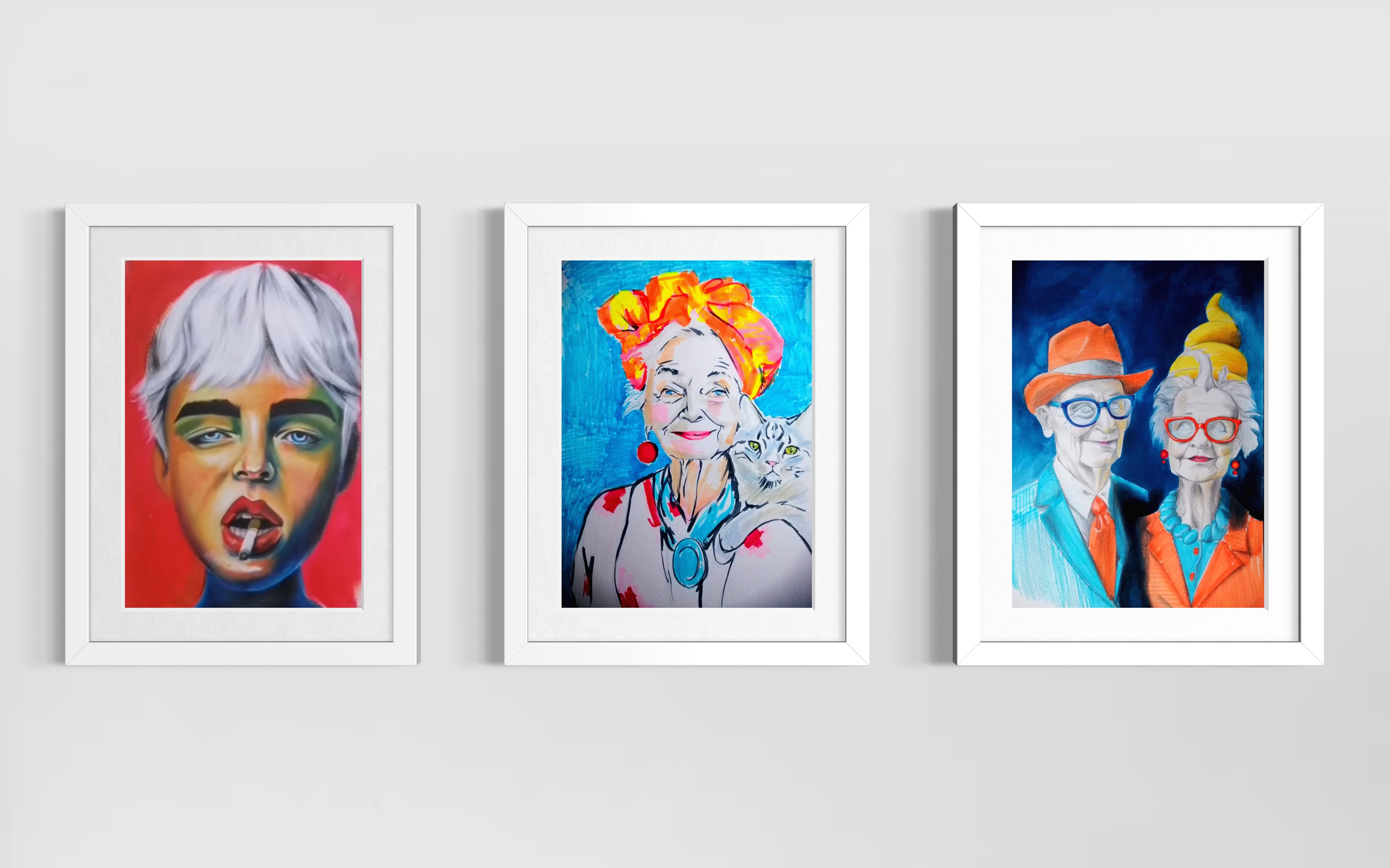 Trois portraits colorés encadrés illustrant l’univers d’Anaïs Eck.
