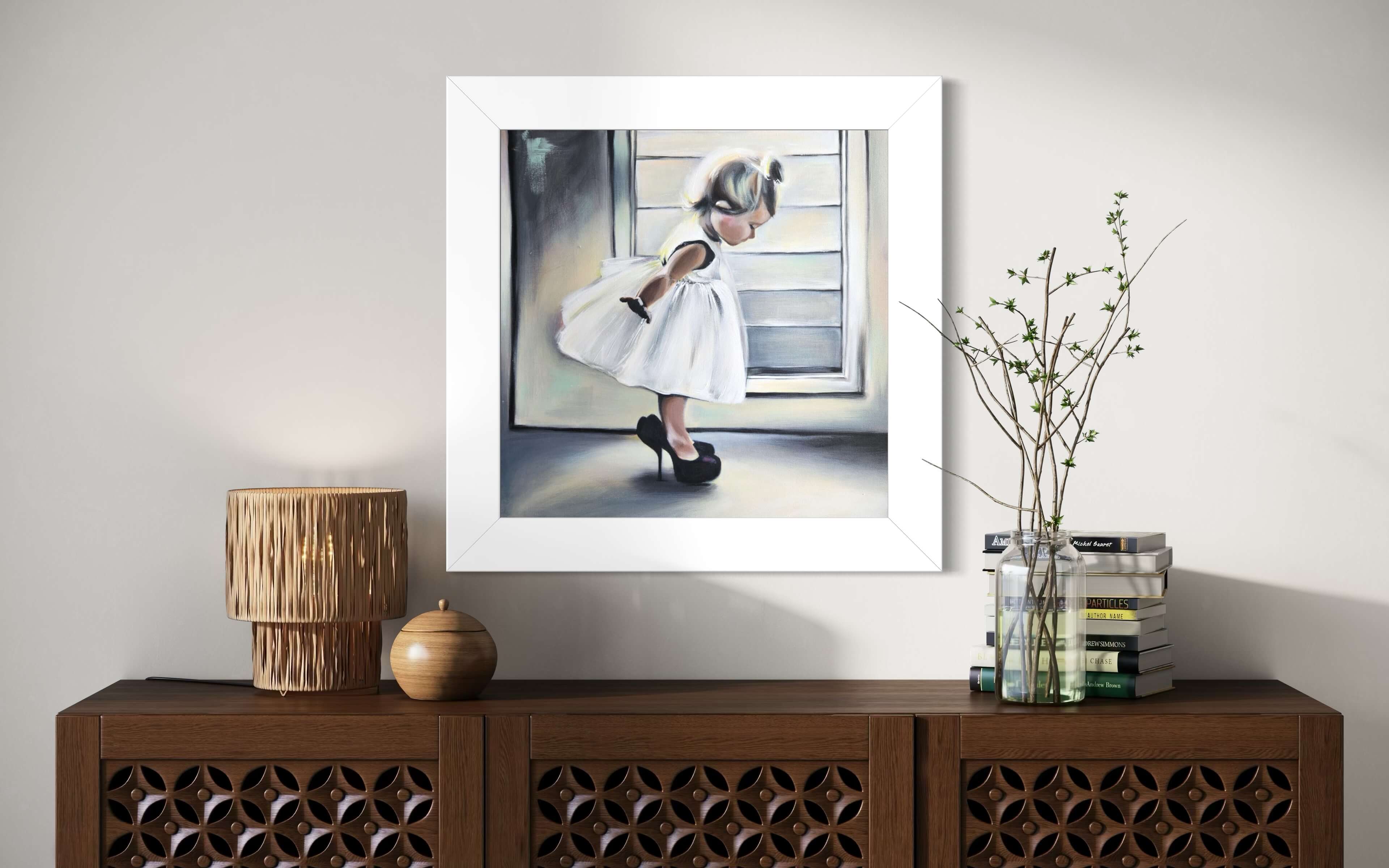 Petite fille en robe blanche portant des talons, scène poétique en acrylique sur toile par Anaïs Eck / Little girl in a white dress wearing heels, poetic acrylic painting on canvas by Anaïs Eck.