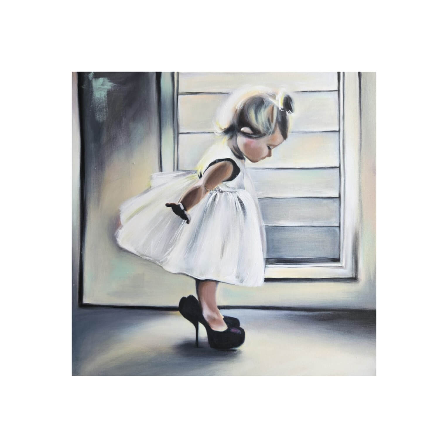 Petite fille en robe blanche portant des talons, scène poétique en acrylique sur toile par Anaïs Eck / Little girl in a white dress wearing heels, poetic acrylic painting on canvas by Anaïs Eck.
