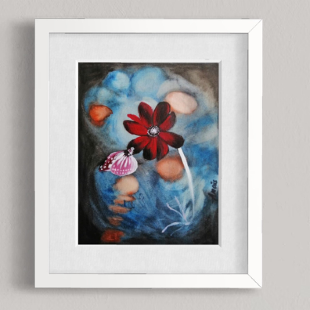 Fleur rouge et papillon sur fond abstrait bleu et orangé, peinture d’Anaïs Eck. / Red flower and butterfly on abstract blue-orange background, painting by Anaïs Eck.