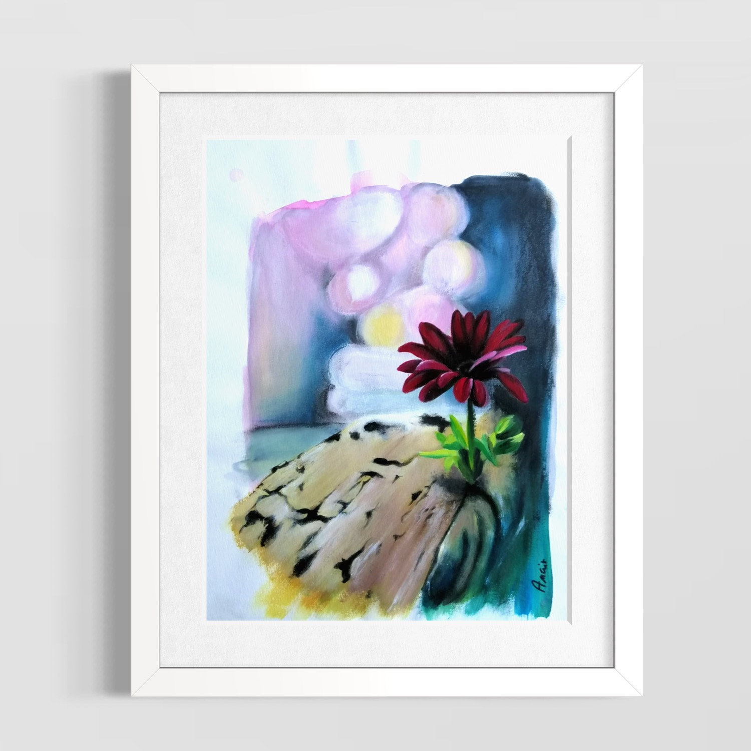 Fleur rouge sur une main de pierre, peinture symbolique de renaissance par Anaïs Eck. / Red flower on a stone hand, symbolic painting of rebirth by Anaïs Eck.