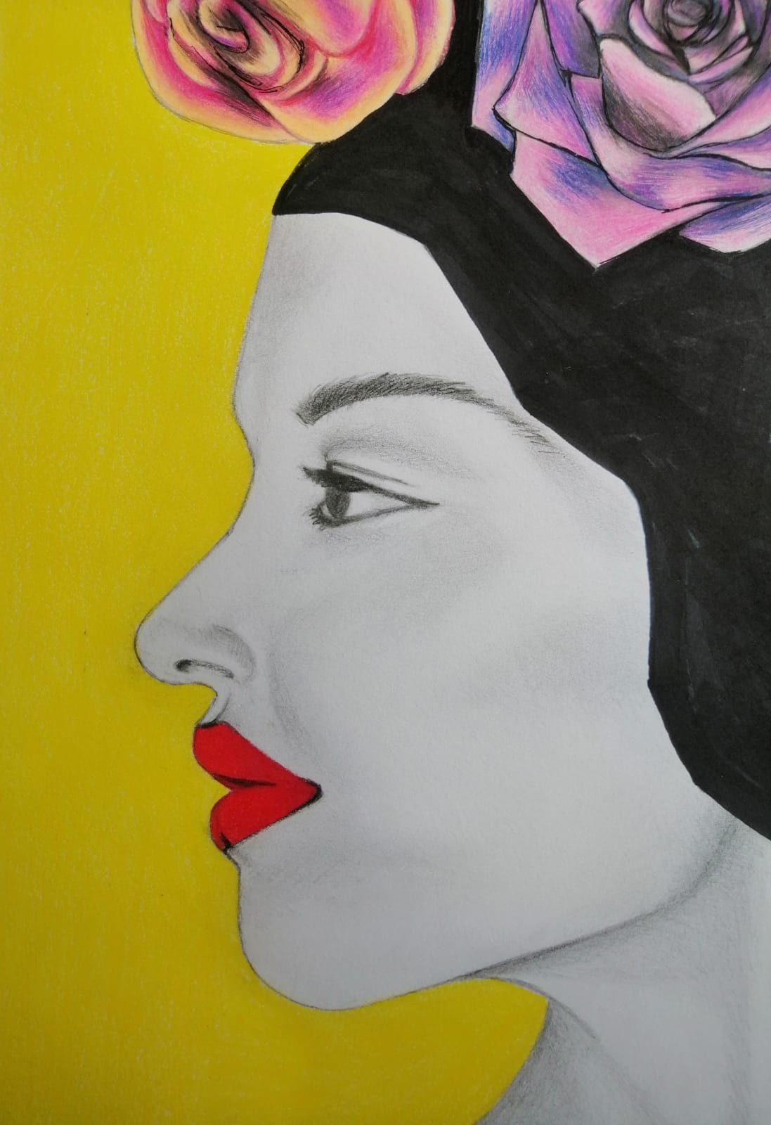 Flowers — détail du visage en profil et des lèvres rouges, dessin d’Anaïs Eck / 'Flowers' — detail of the side profile and red lips, drawing by Anaïs Eck
