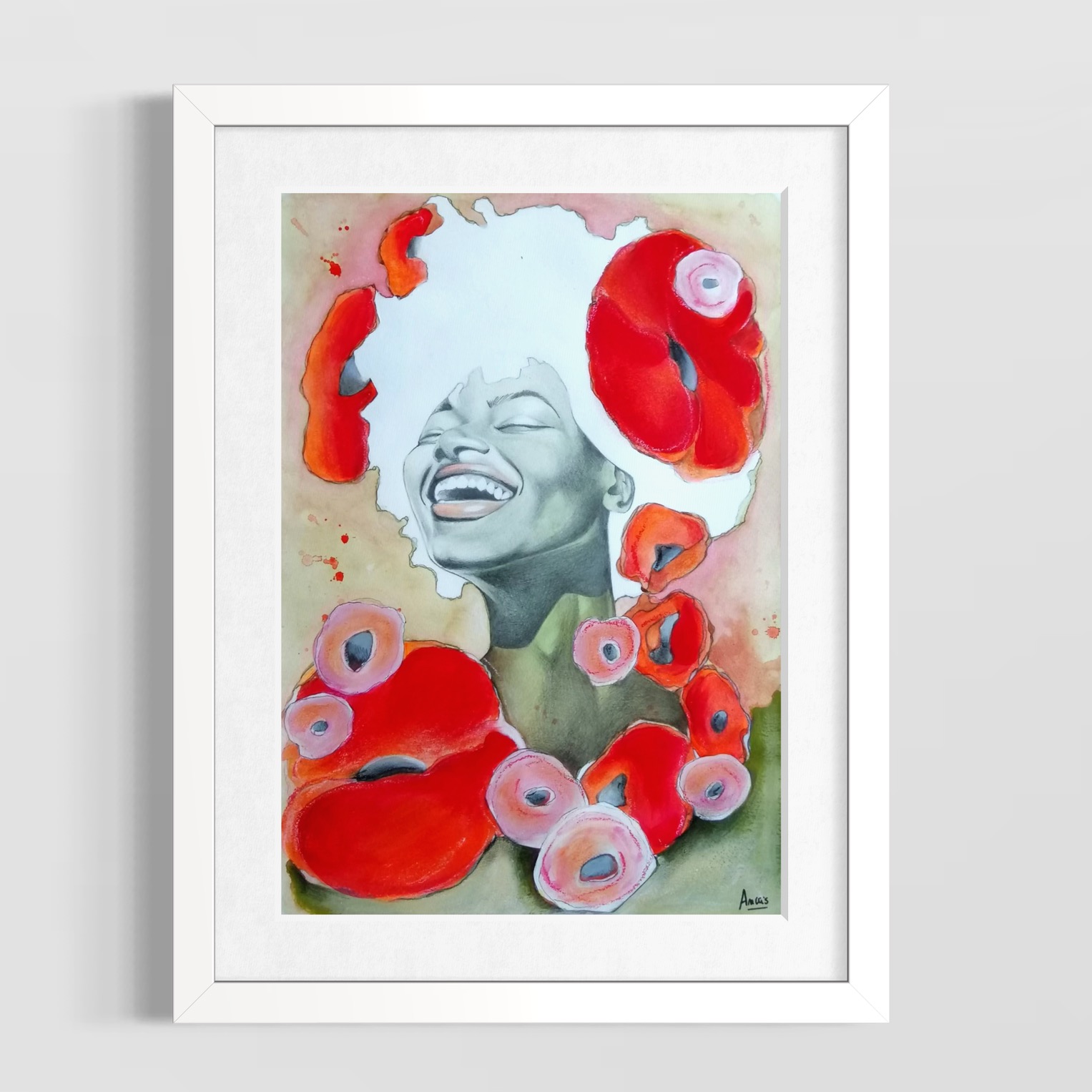 Flowers — Acrylique, aquarelle, graphite, crayons de couleur et pastel sur papier 29,7x42 cm. Une explosion de joie et de lumière rouge autour d’un visage rieur. / 