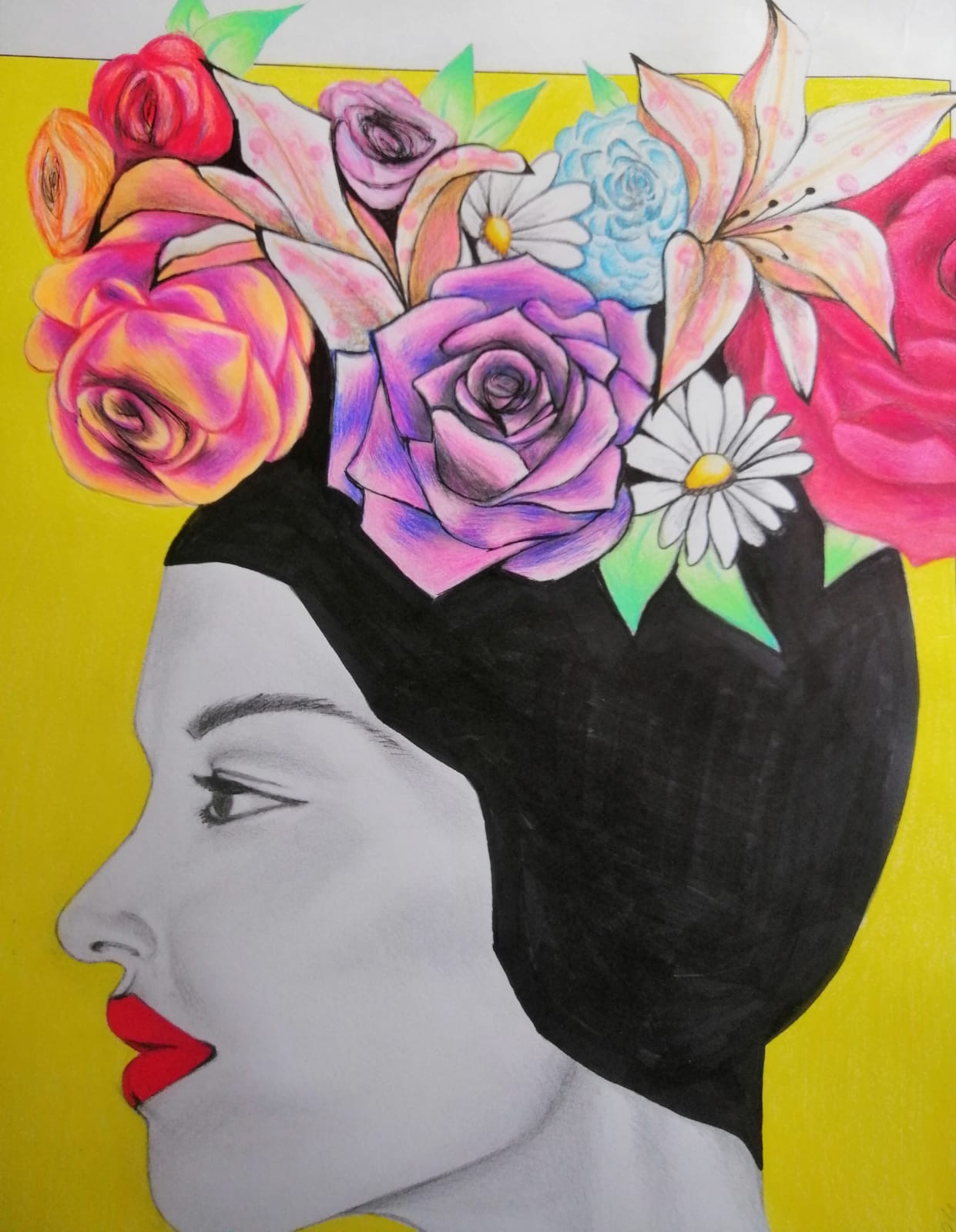 Flowers — gros plan sur la composition florale colorée, dessin d’Anaïs Eck / 'Flowers' — close-up on the colourful floral arrangement, drawing by Anaïs Eck