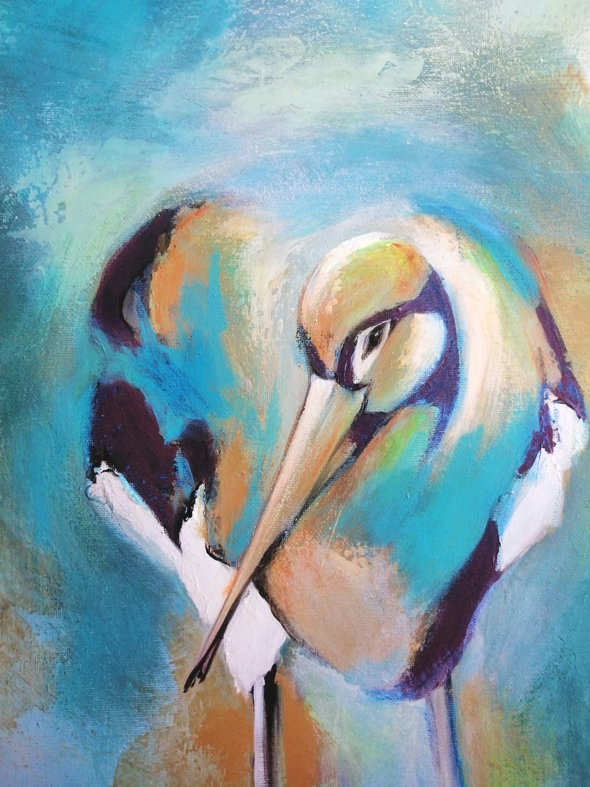 Détail d’Ibis — tête et plumage aux nuances dorées et bleutées / Detail of 'Ibis' — head and plumage in golden and blue tones