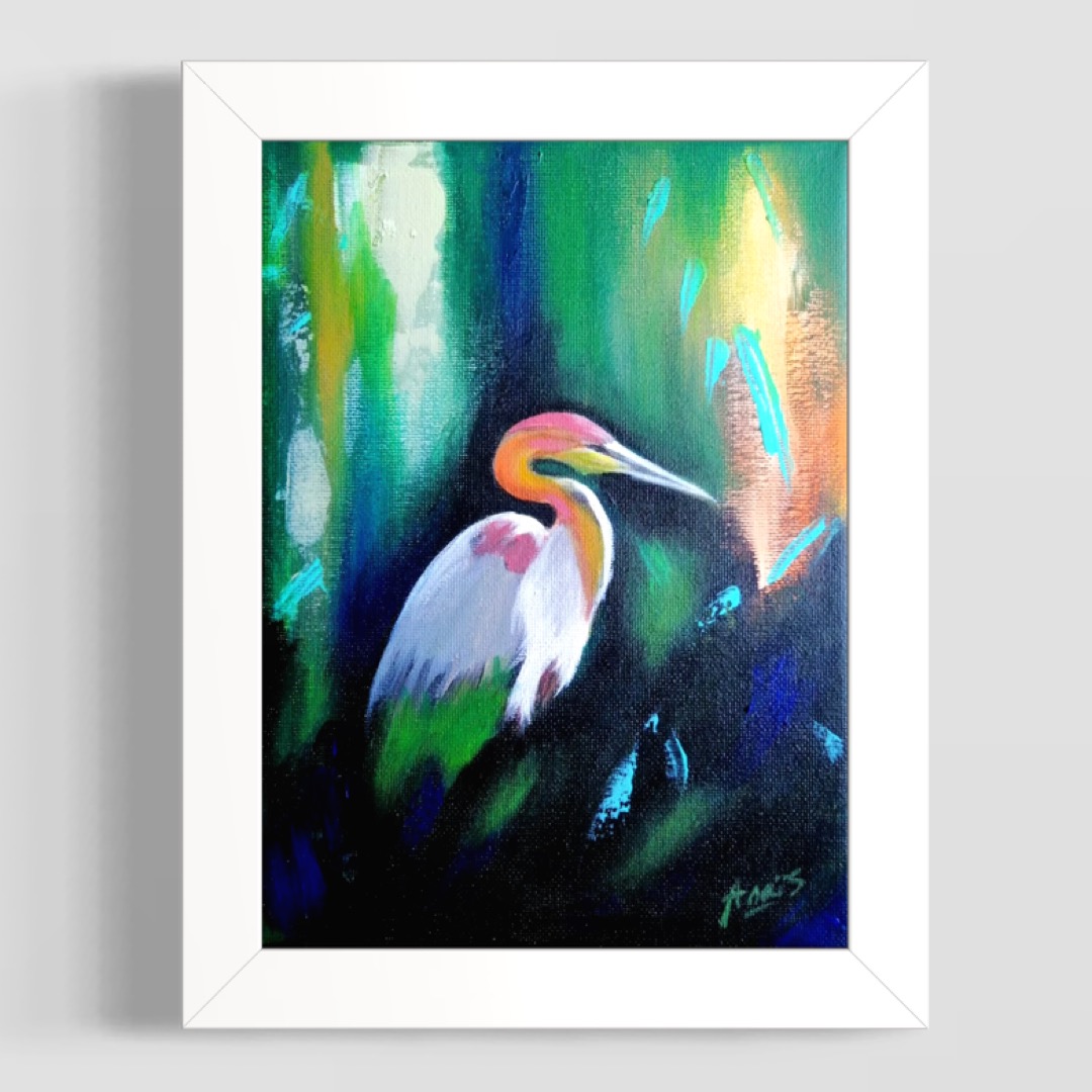 Héron coloré dans une atmosphère émeraude, peinture d’Anaïs Eck. / Colorful heron in emerald atmosphere, painting by Anaïs Eck.