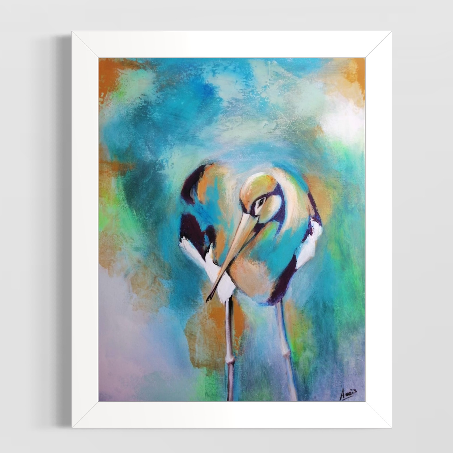 Oiseau aquatique aux tons turquoise et or, signé Anaïs Eck. / Aquatic bird in turquoise and gold tones, signed by Anaïs Eck.