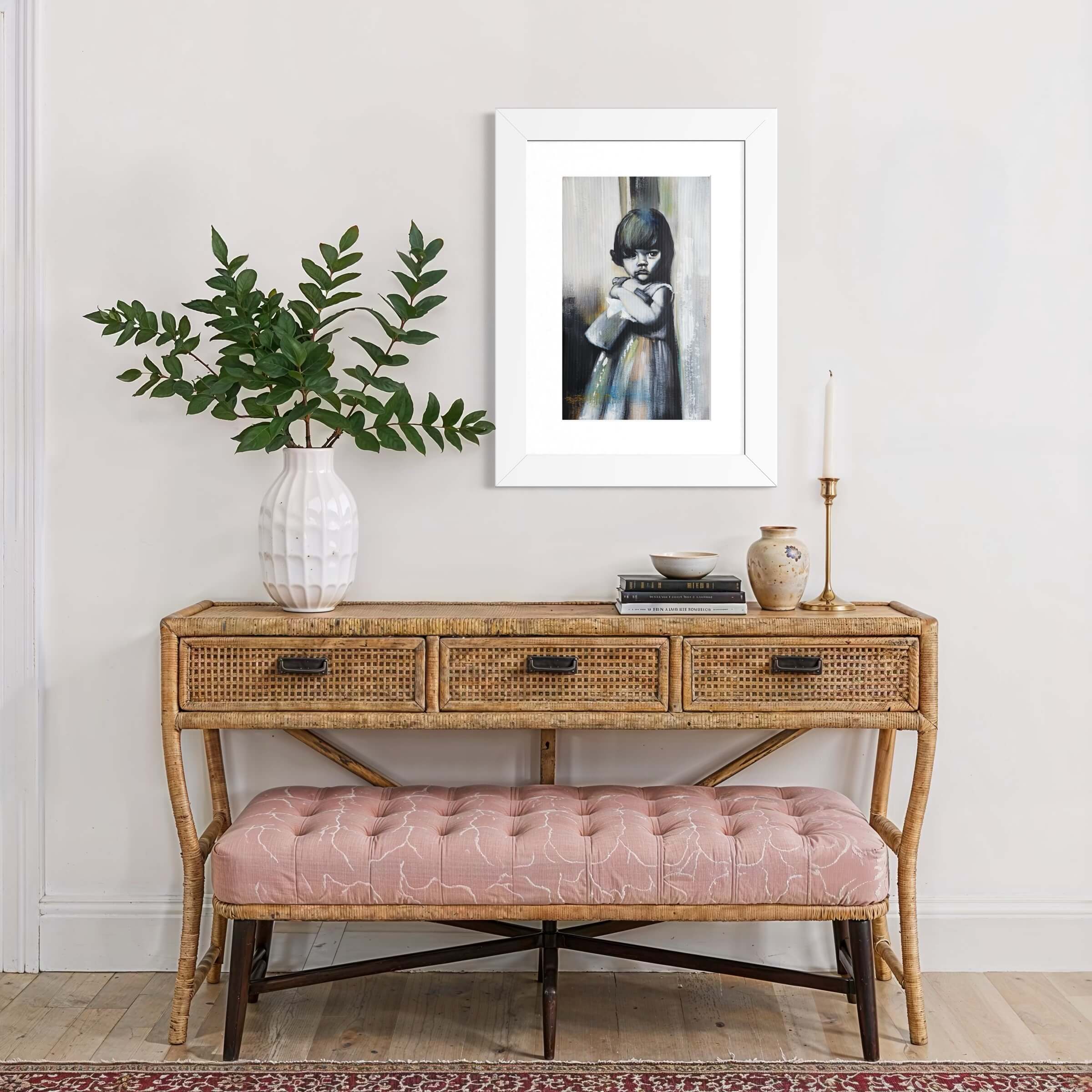 Petite fille au regard intense, peinture acrylique sur carton par Anaïs Eck / Young girl with an intense gaze, acrylic painting on cardboard by Anaïs Eck