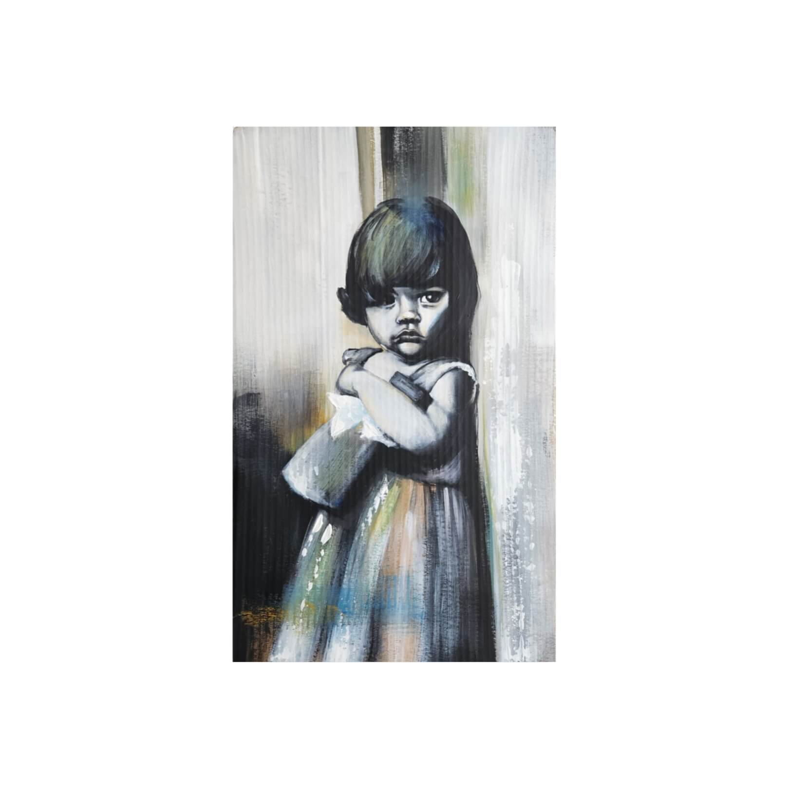 Petite fille au regard intense, peinture acrylique sur carton par Anaïs Eck / Young girl with an intense gaze, acrylic painting on cardboard by Anaïs Eck