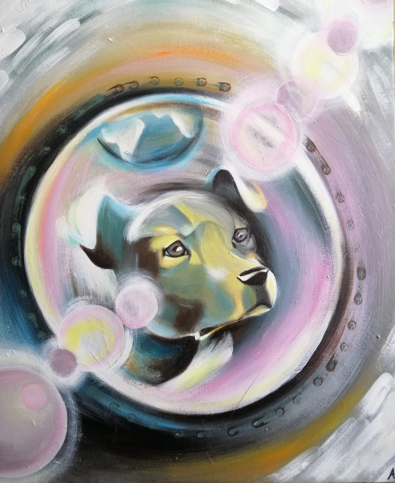 Leika — vue complète du chien dans son hublot spatial, acrylique sur toile par Anaïs Eck / 'Leika' — full view of the dog inside its space porthole, acrylic on canvas by Anaïs Eck