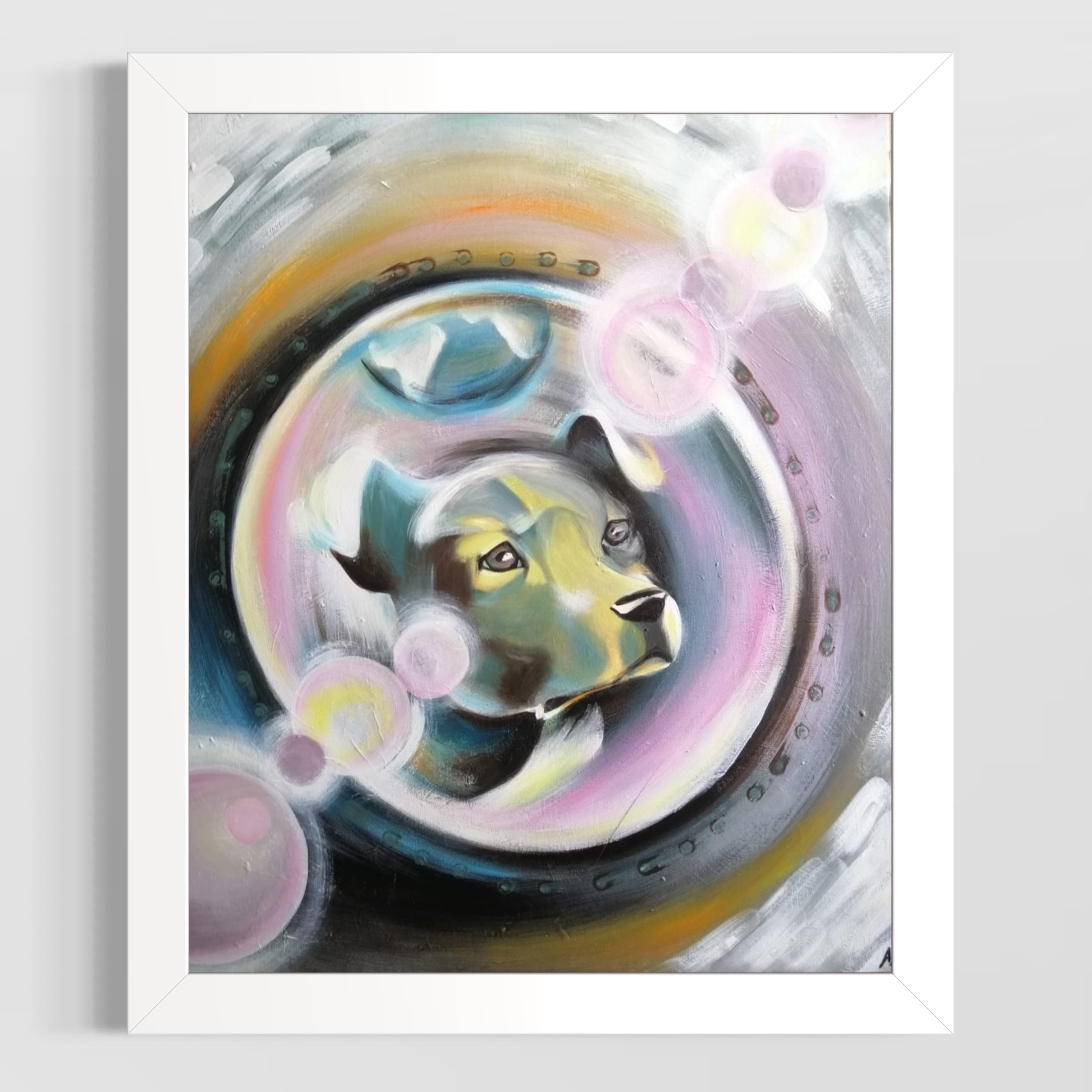 Chien stylisé dans un cercle onirique aux halos pastel, peinture d’Anaïs Eck. / Stylized dog in a dreamy circular universe with pastel halos, painting by Anaïs Eck.