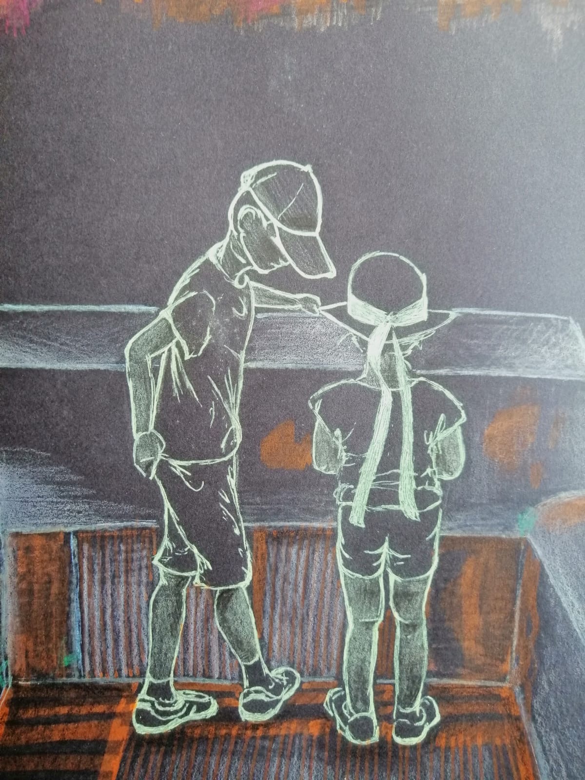 Détail des deux enfants dessinés au trait vert sur fond sombre / Detail of the two children drawn in green line on a dark background
