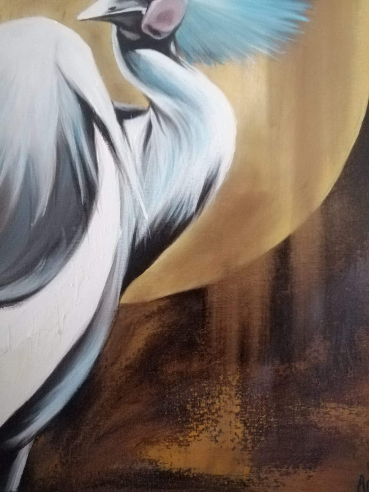 Lune — vue rapprochée de la grue couronnée, acrylique sur toile par Anaïs Eck / 'Lune' — close-up of crowned crane, acrylic on canvas by Anaïs Eck