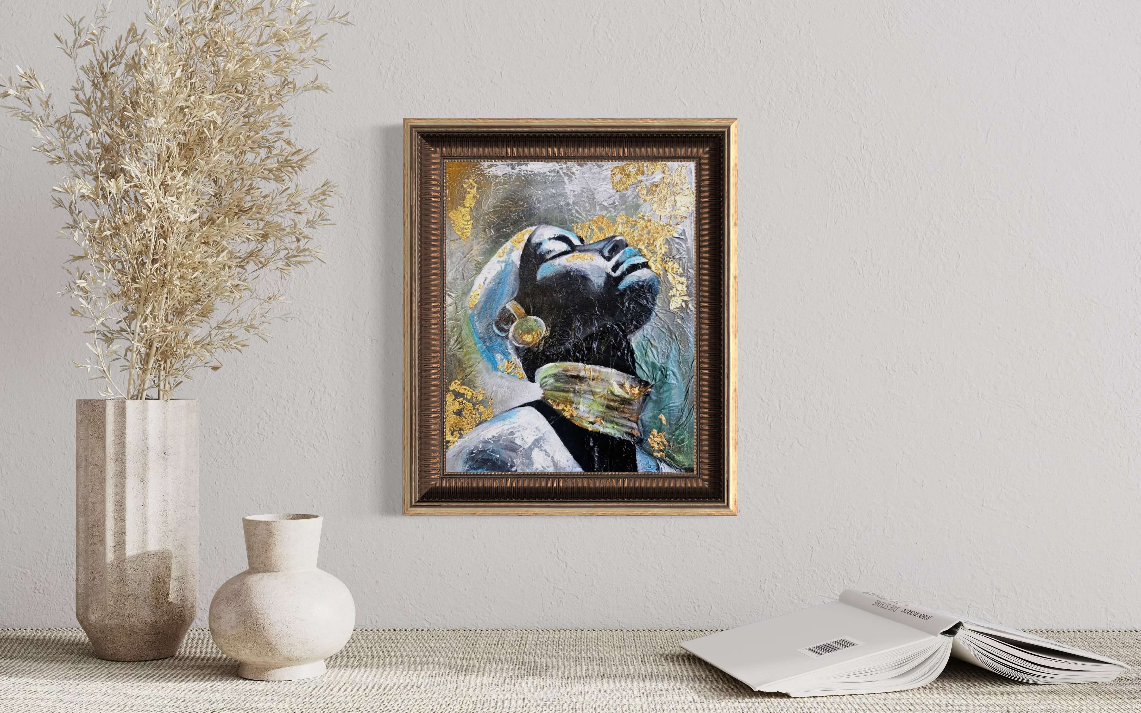 Portrait féminin en méditation avec textures et feuilles d’or, acrylique sur toile par Anaïs Eck / Female portrait in meditation with textured surface and gold leaf, acrylic painting on canvas by Anaïs Eck