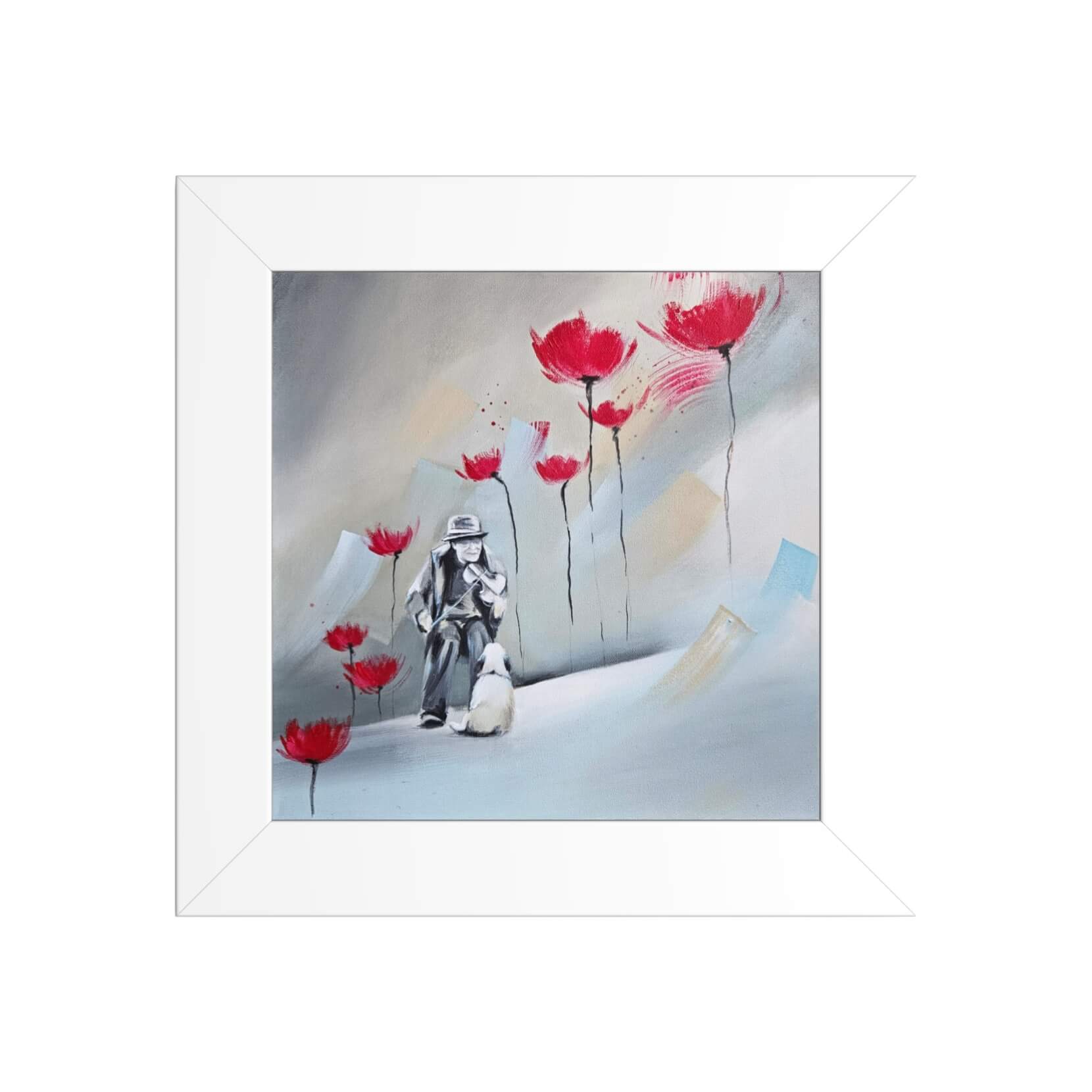 Personnage avec un chien dans un paysage poétique aux fleurs rouges, acrylique sur toile par Anaïs Eck / Figure with a dog in a poetic landscape with red flowers, acrylic painting on canvas by Anaïs Eck