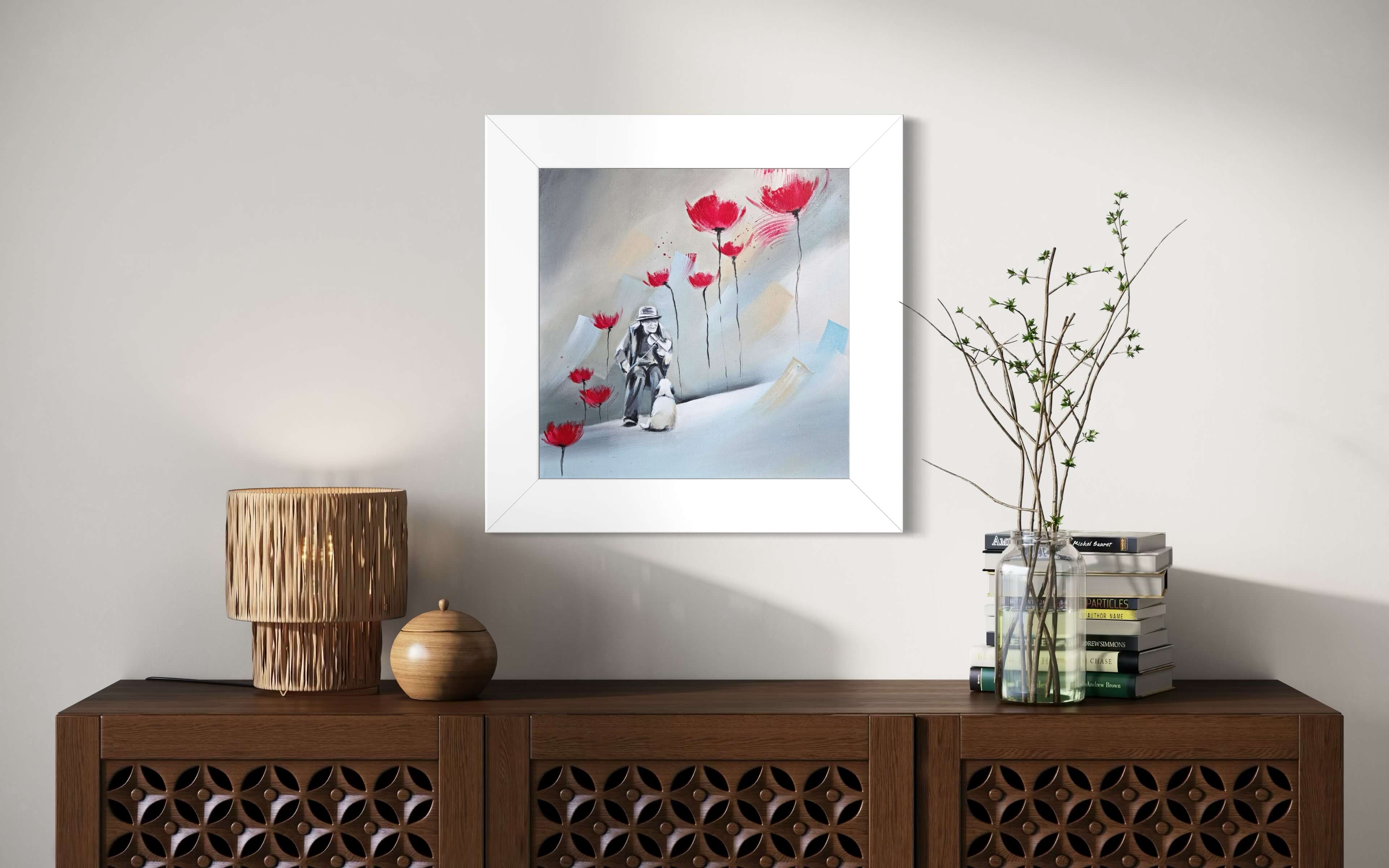 Personnage avec un chien dans un paysage poétique aux fleurs rouges, acrylique sur toile par Anaïs Eck / Figure with a dog in a poetic landscape with red flowers, acrylic painting on canvas by Anaïs Eck