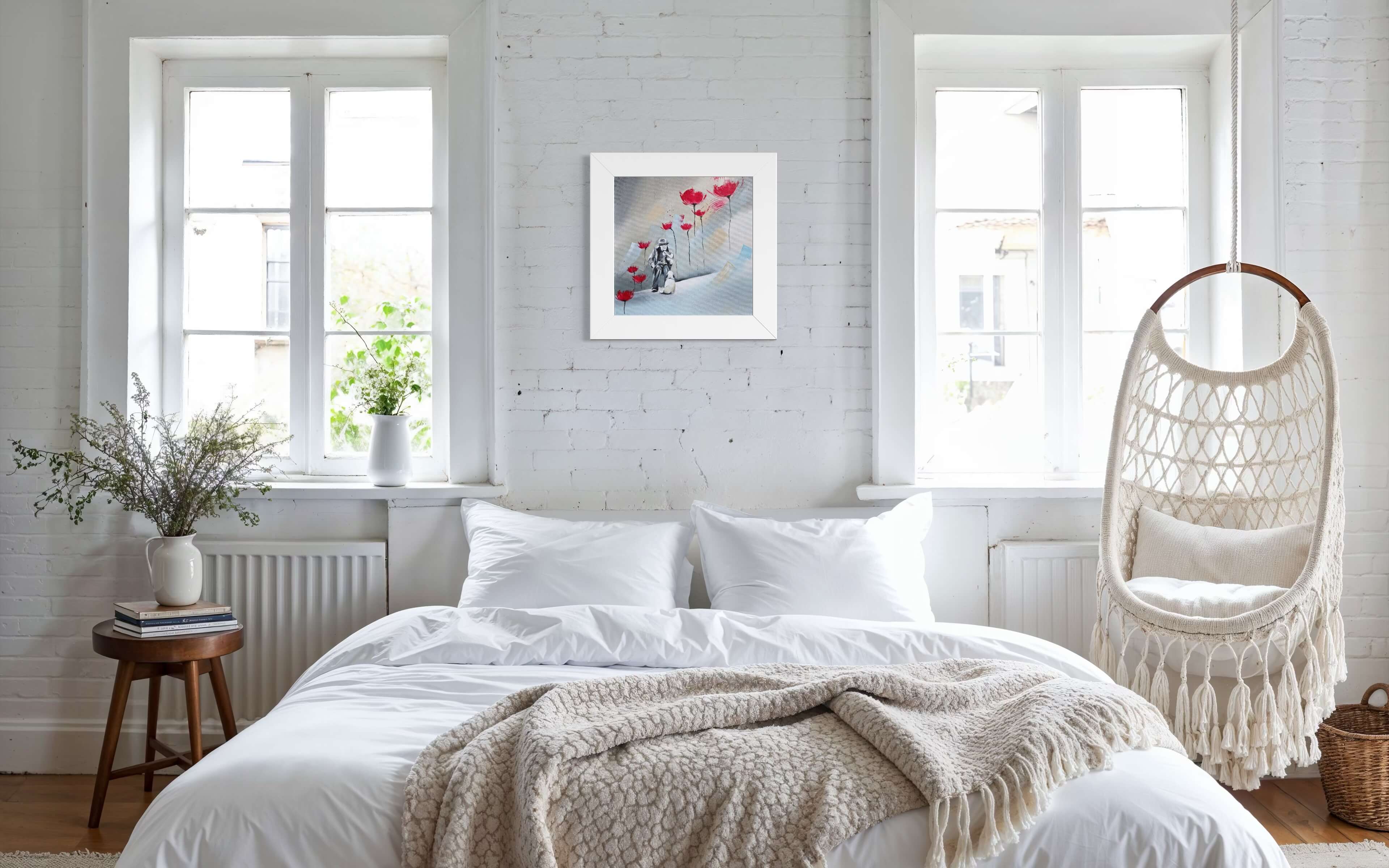 Personnage avec un chien dans un paysage poétique aux fleurs rouges, acrylique sur toile par Anaïs Eck / Figure with a dog in a poetic landscape with red flowers, acrylic painting on canvas by Anaïs Eck