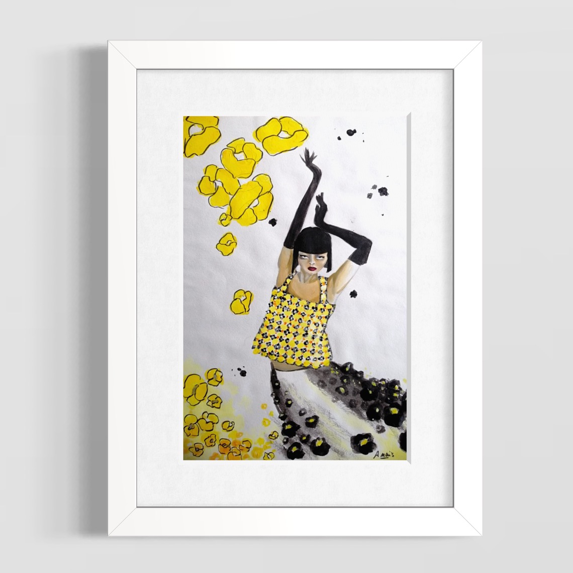 Silhouette féminine stylisée en jaune et noir, illustration mode par Anaïs Eck. / Stylized female figure in yellow and black, fashion illustration by Anaïs Eck.