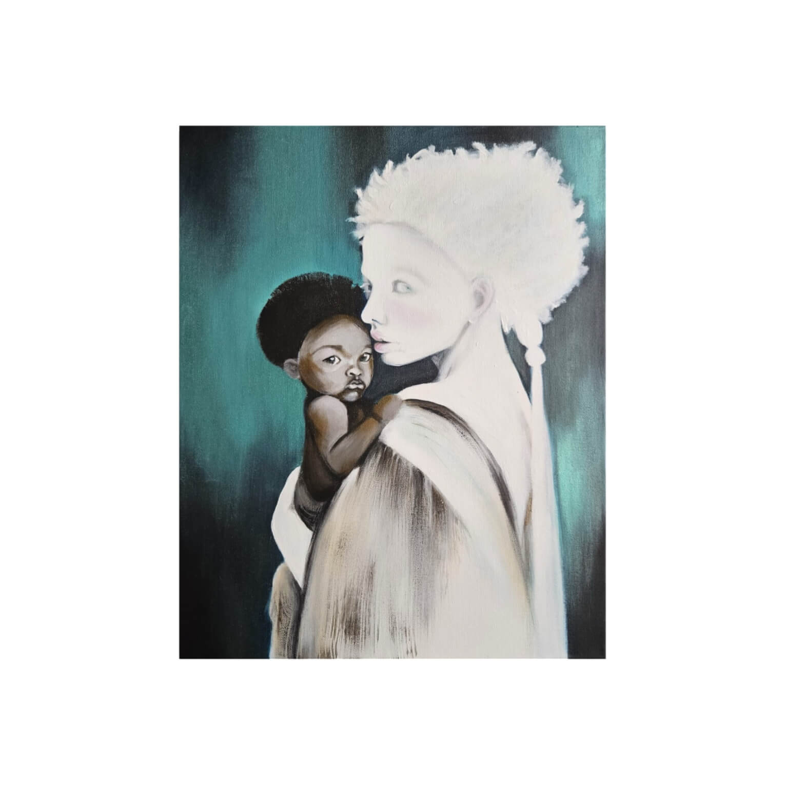 Mère portant son enfant, portrait symbolique en acrylique sur toile par Anaïs Eck / Mother carrying her child, symbolic portrait acrylic on canvas by Anaïs Eck