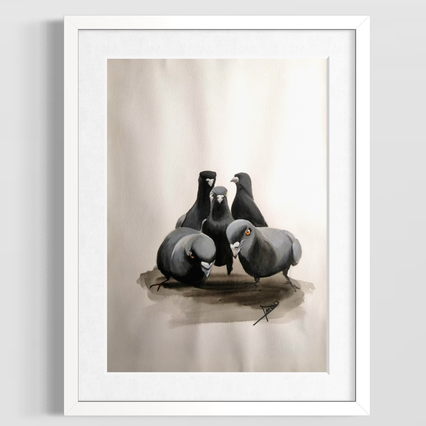 Groupe de pigeons gris sur fond clair, aquarelle minimaliste d’Anaïs Eck. / Group of grey pigeons on light background, minimalist watercolor by Anaïs Eck.