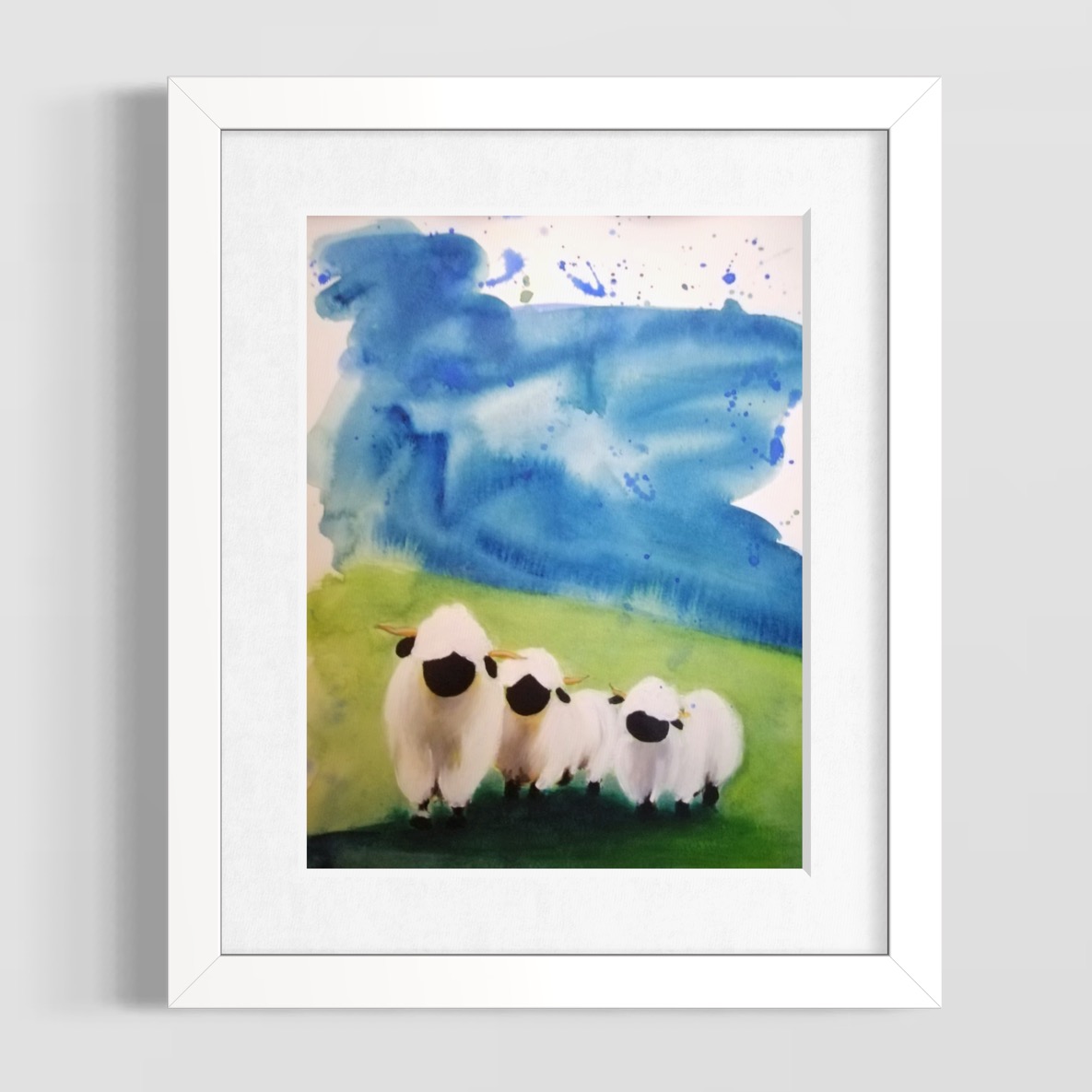 Troupeau de moutons blancs sous un ciel bleu expressif, aquarelle d’Anaïs Eck. / Flock of white sheep under expressive blue sky, watercolor by Anaïs Eck.