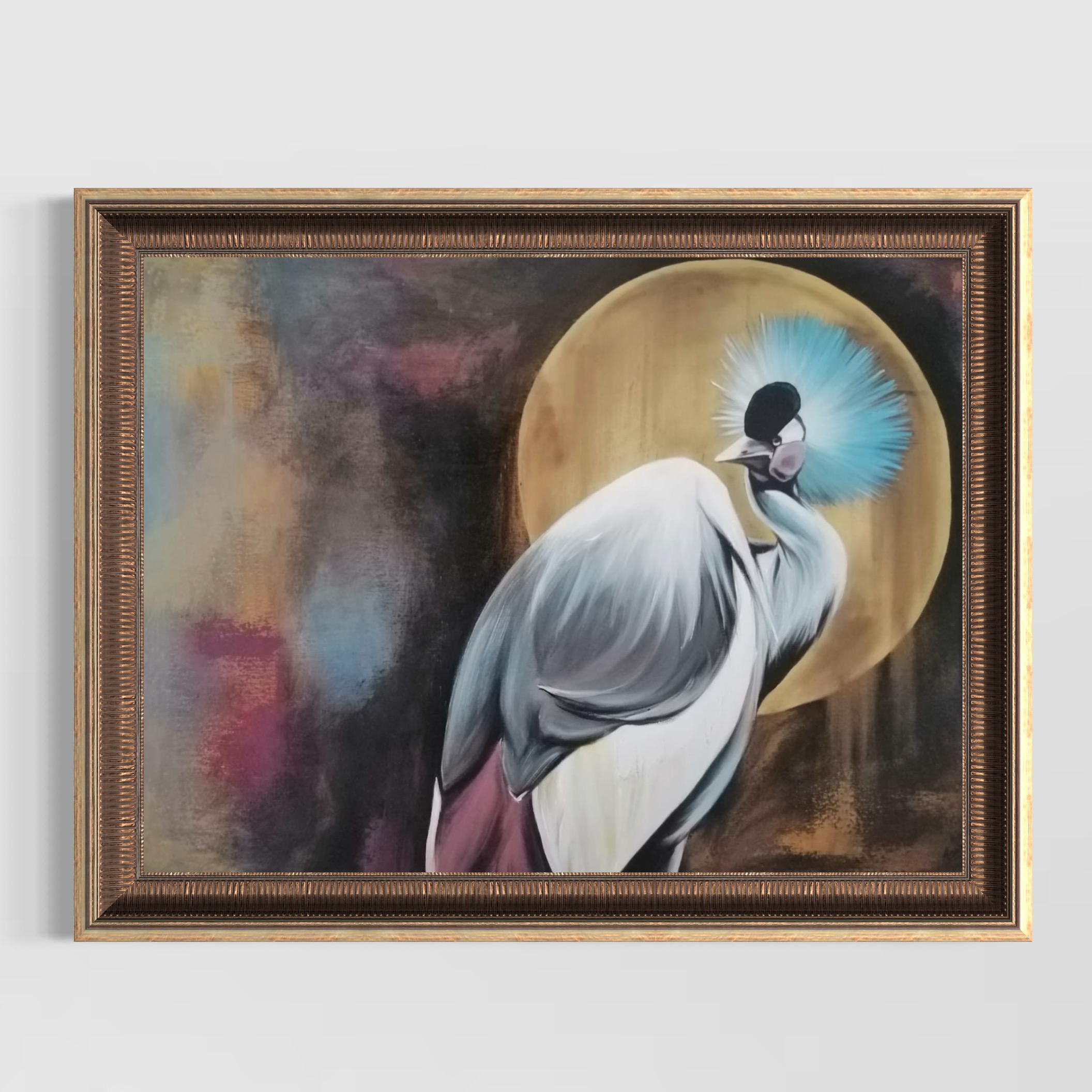 Lune — grue couronnée devant un disque doré, peinture originale d’Anaïs Eck, acrylique sur toile, 70 x 49,5 cm / 'Lune' — crowned crane before a golden moon, original acrylic on canvas by Anaïs Eck, 70 x 49.5 cm