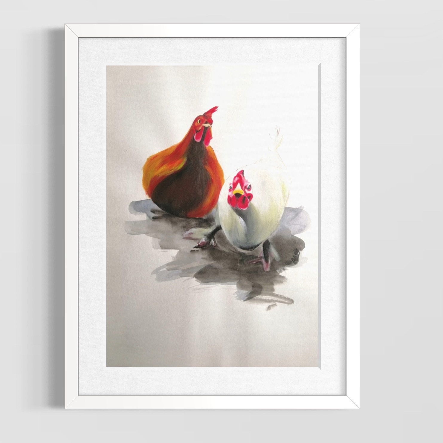 Deux poules colorées sur fond clair, scène animale vive par Anaïs Eck. / Two colorful hens on light background, lively animal scene by Anaïs Eck.
