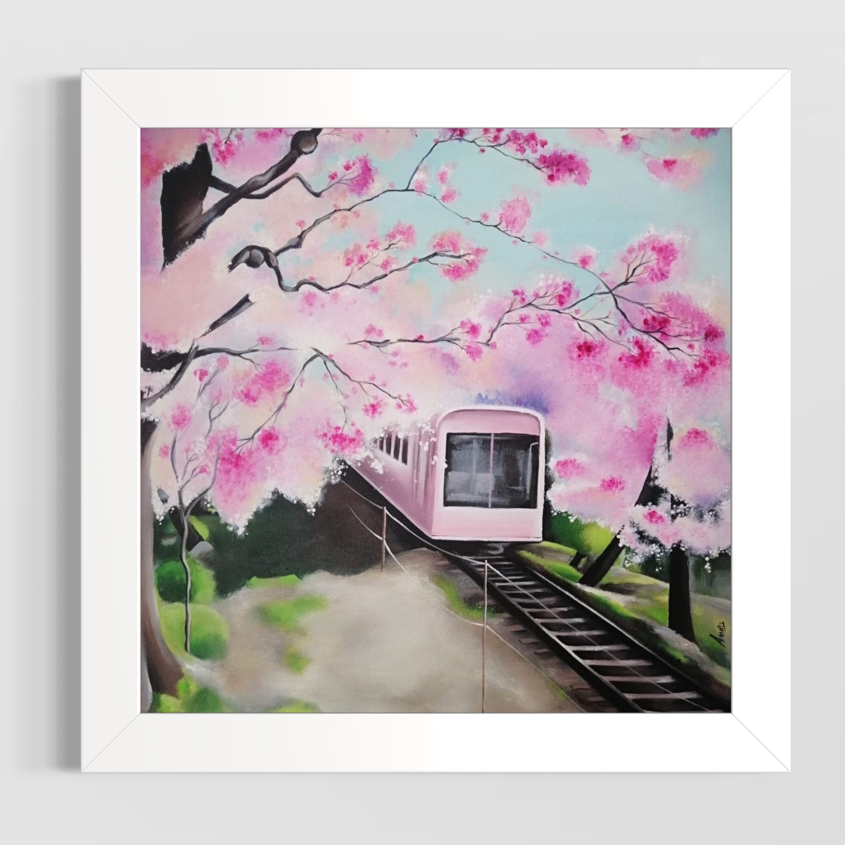 Train rose traversant un tunnel de cerisiers en fleurs, paysage poétique par Anaïs Eck. / Pink train passing under cherry blossoms, poetic landscape by Anaïs Eck.